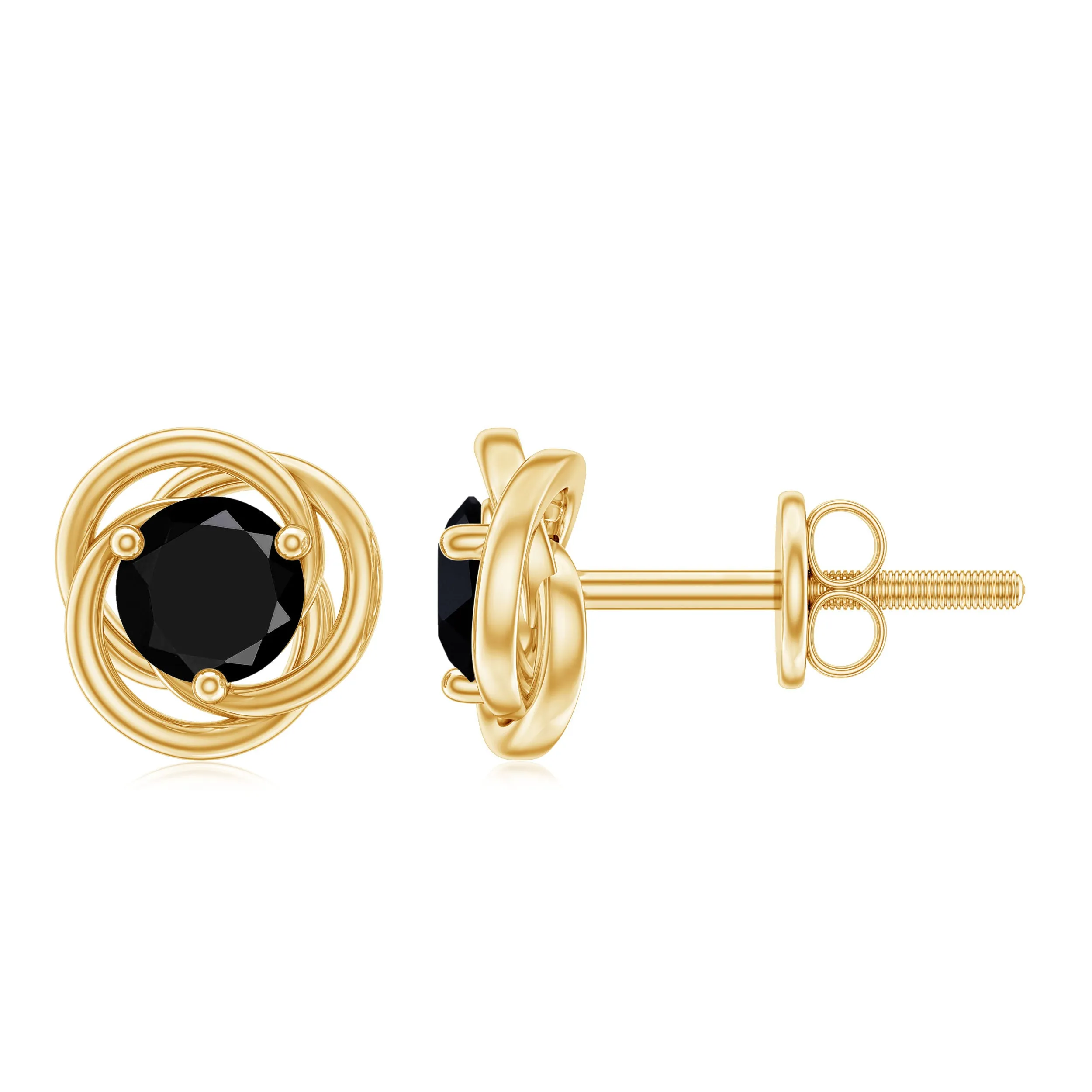 5 MM Black Onyx Solitaire and Gold Swirl Stud Earrings
