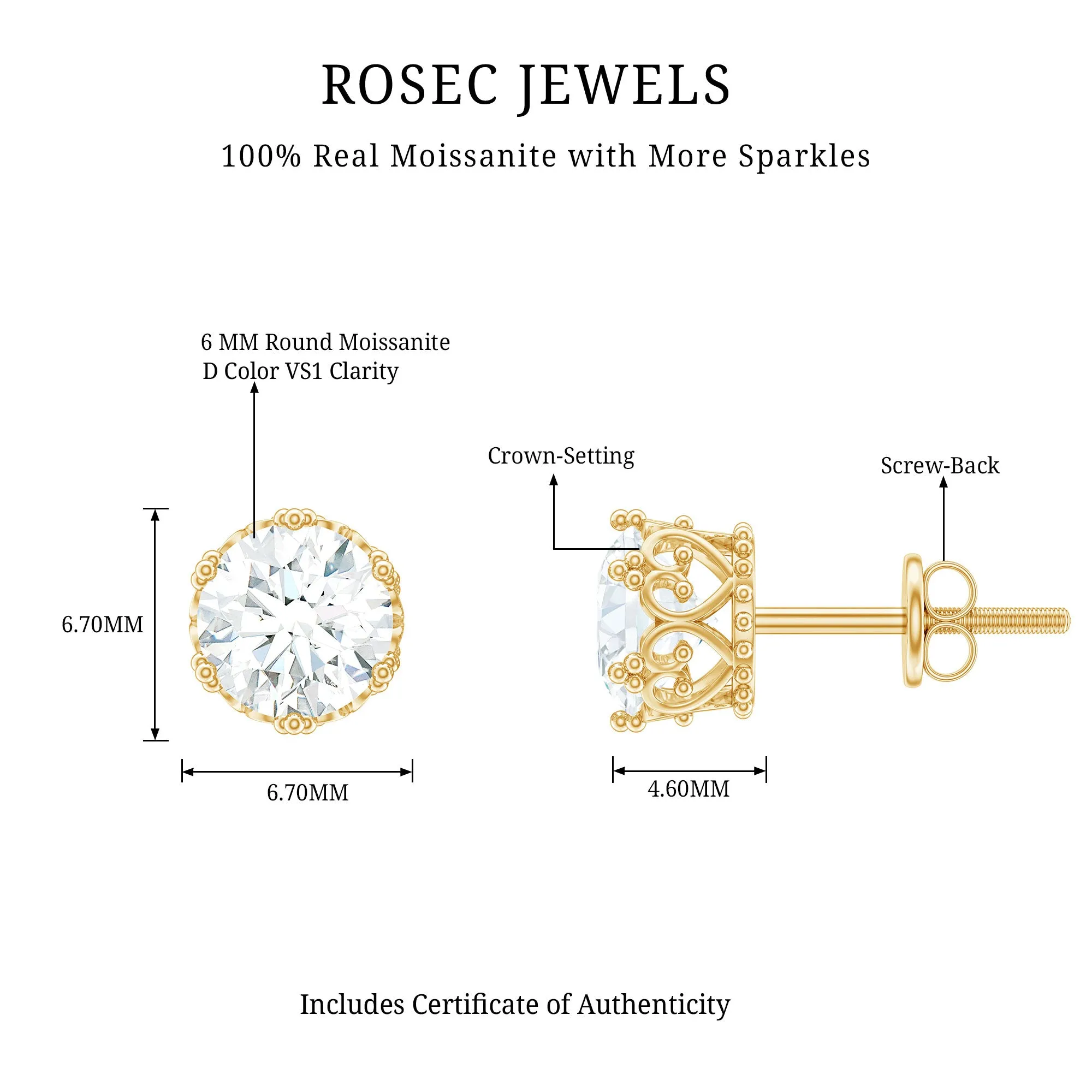 6 MM Round Shape Moissanite Solitaire Stud Earrings in Crown Setting