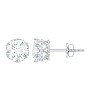 6 MM Round Shape Moissanite Solitaire Stud Earrings in Crown Setting
