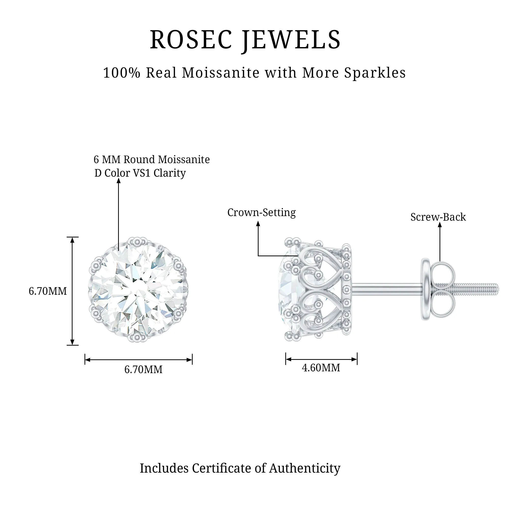 6 MM Round Shape Moissanite Solitaire Stud Earrings in Crown Setting
