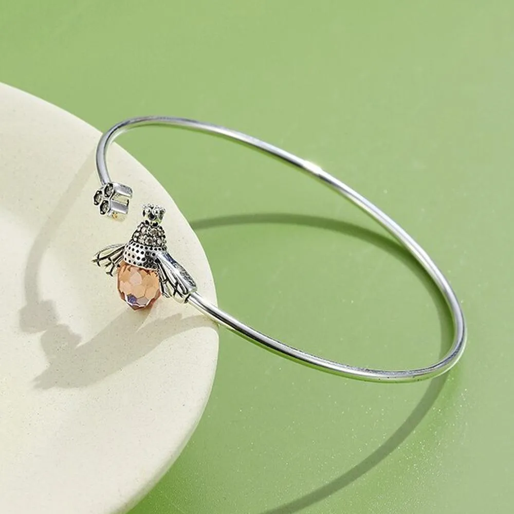 925 Sterling Silver  Bee Shape Cubic Zirconia and Austria Crystal Cuff Bracelet