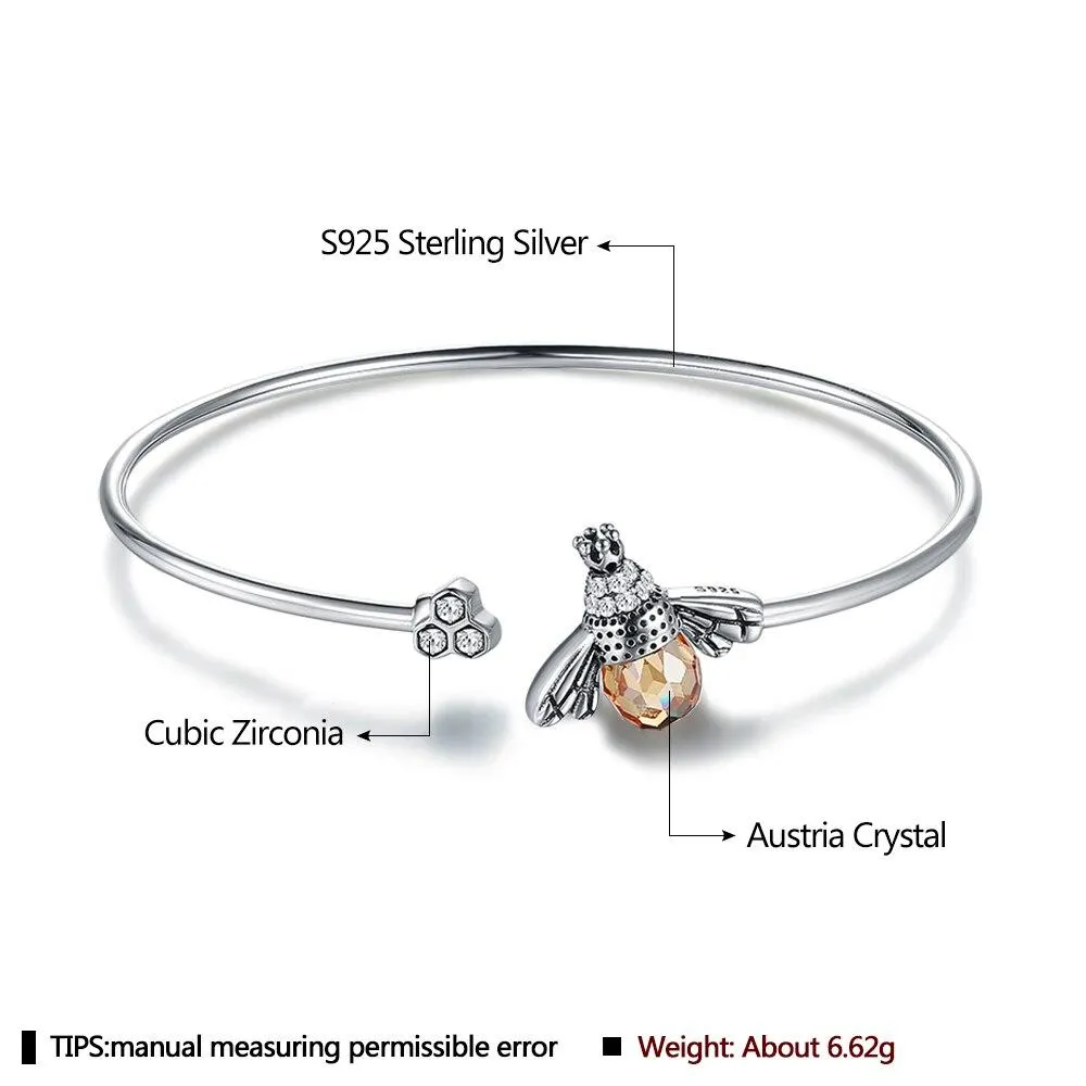 925 Sterling Silver  Bee Shape Cubic Zirconia and Austria Crystal Cuff Bracelet
