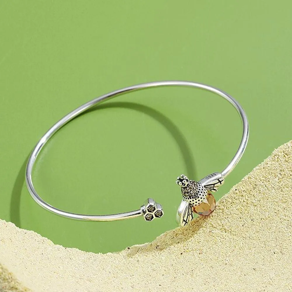 925 Sterling Silver  Bee Shape Cubic Zirconia and Austria Crystal Cuff Bracelet