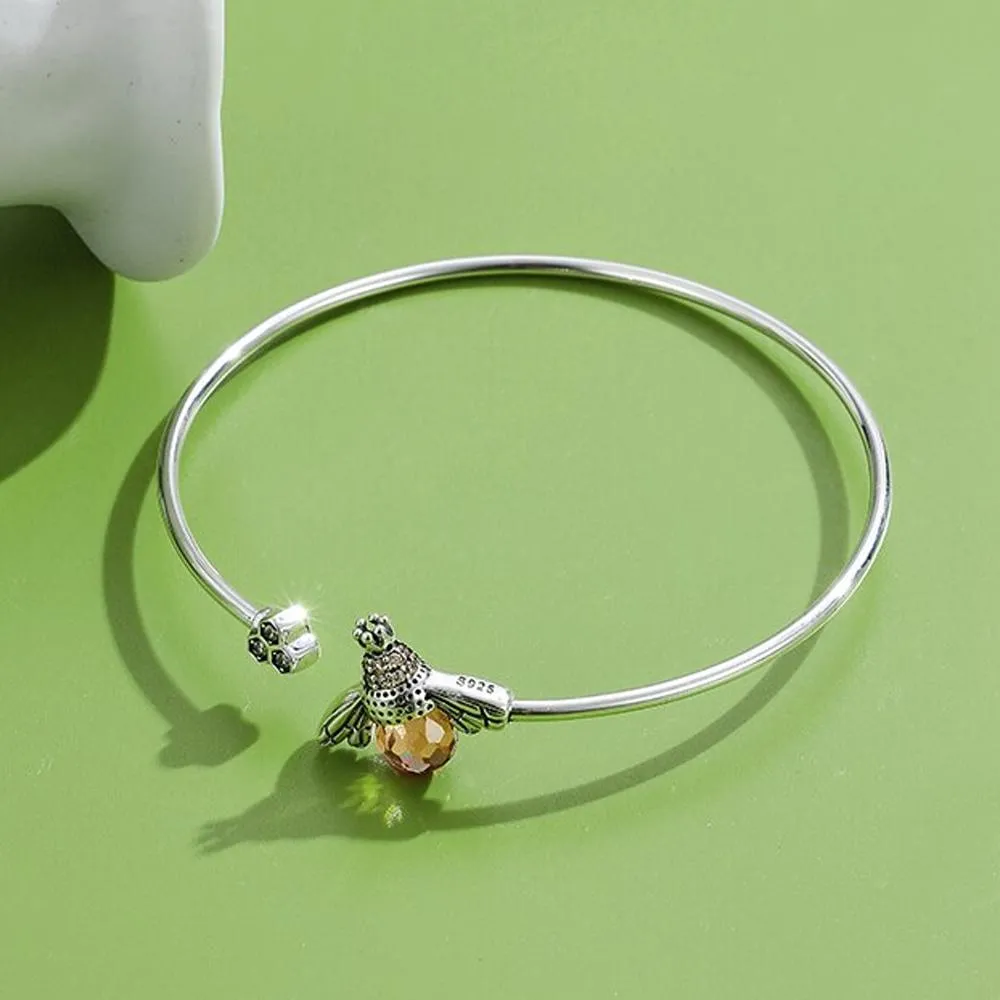 925 Sterling Silver  Bee Shape Cubic Zirconia and Austria Crystal Cuff Bracelet