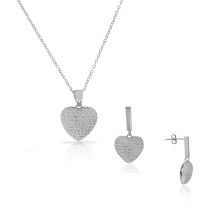 925 Sterling Silver White Clear CZ Love Heart Chandelier Dangle Earrings Pendant Necklace Set