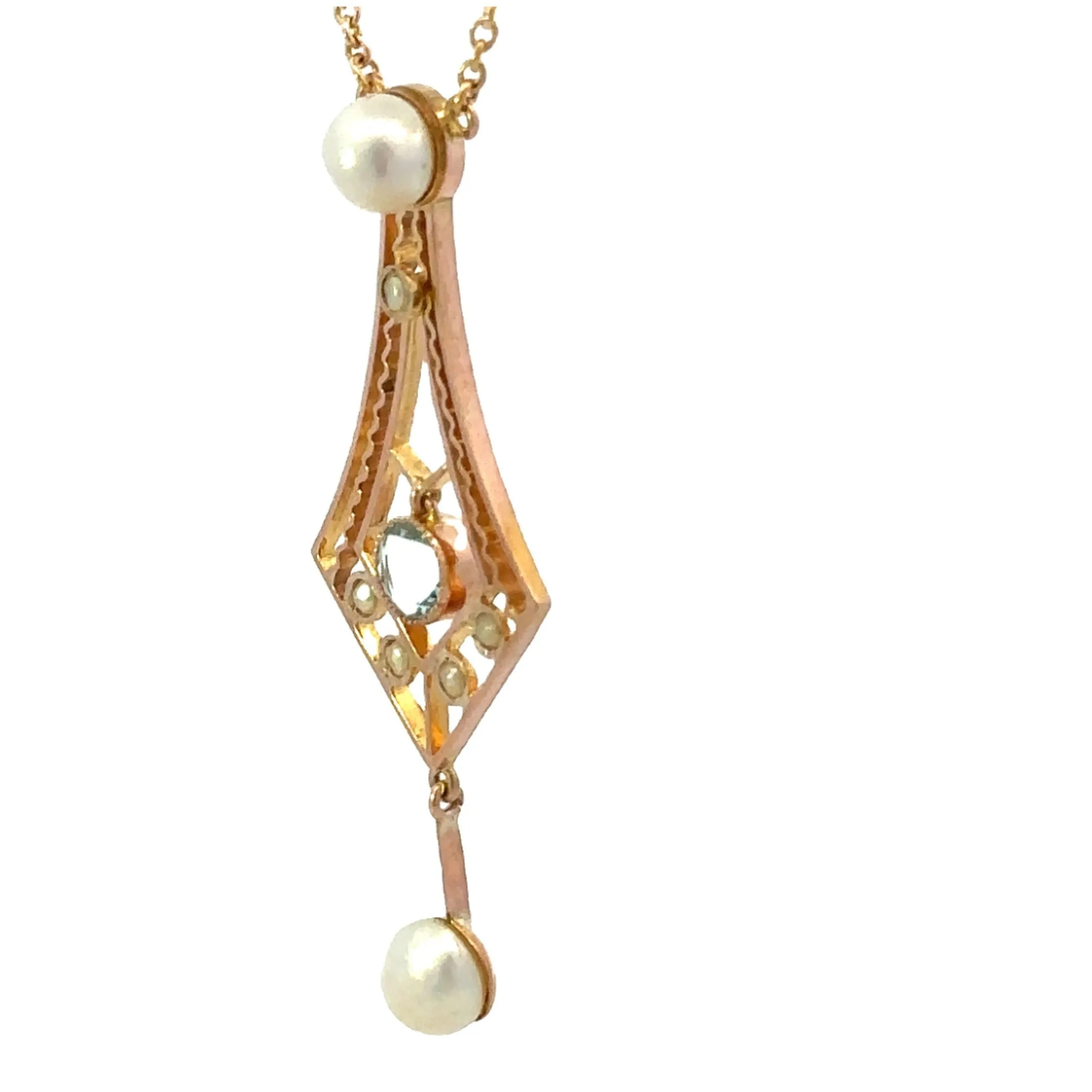 9ct Yellow Gold Aquamarine and Pearl Necklace