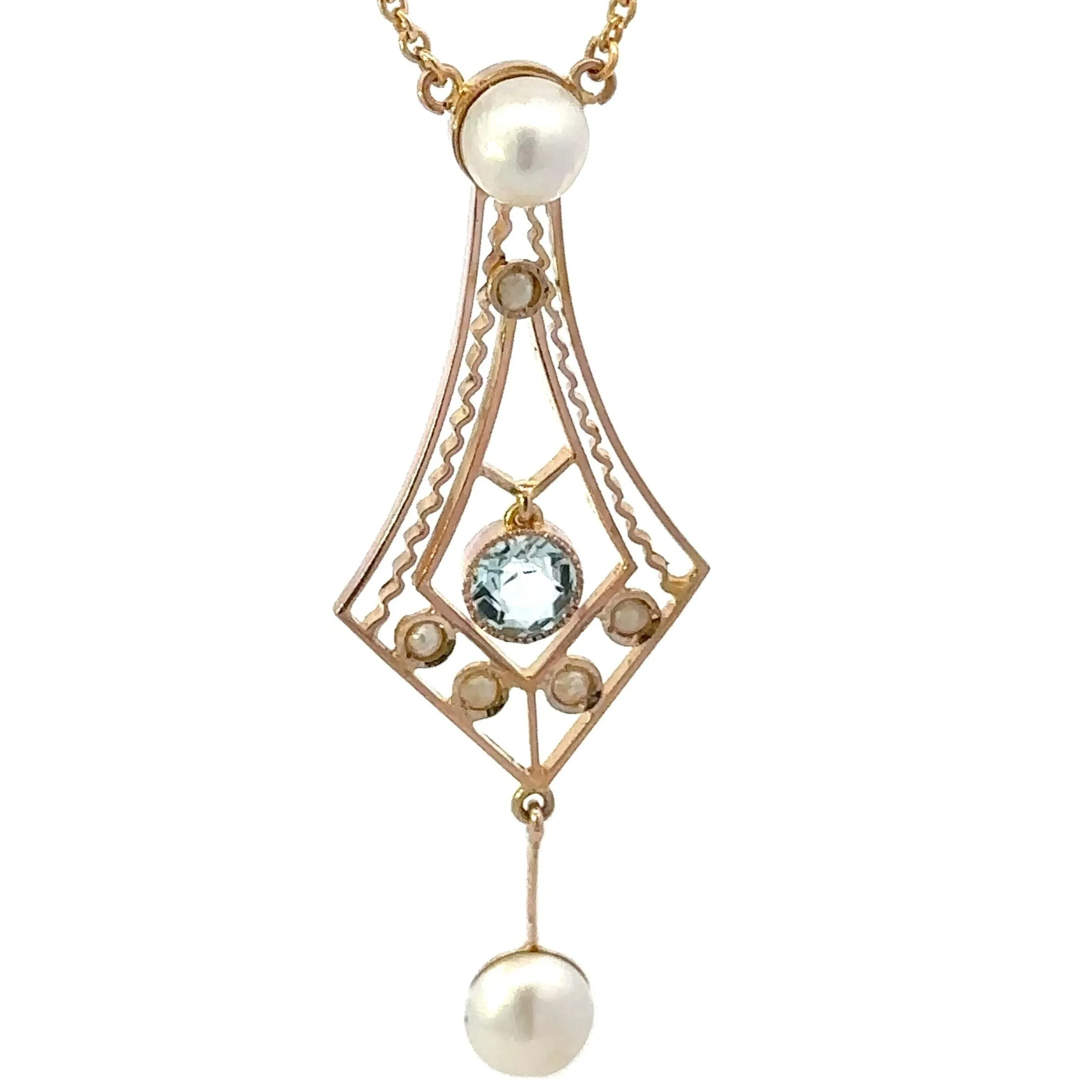 9ct Yellow Gold Aquamarine and Pearl Necklace