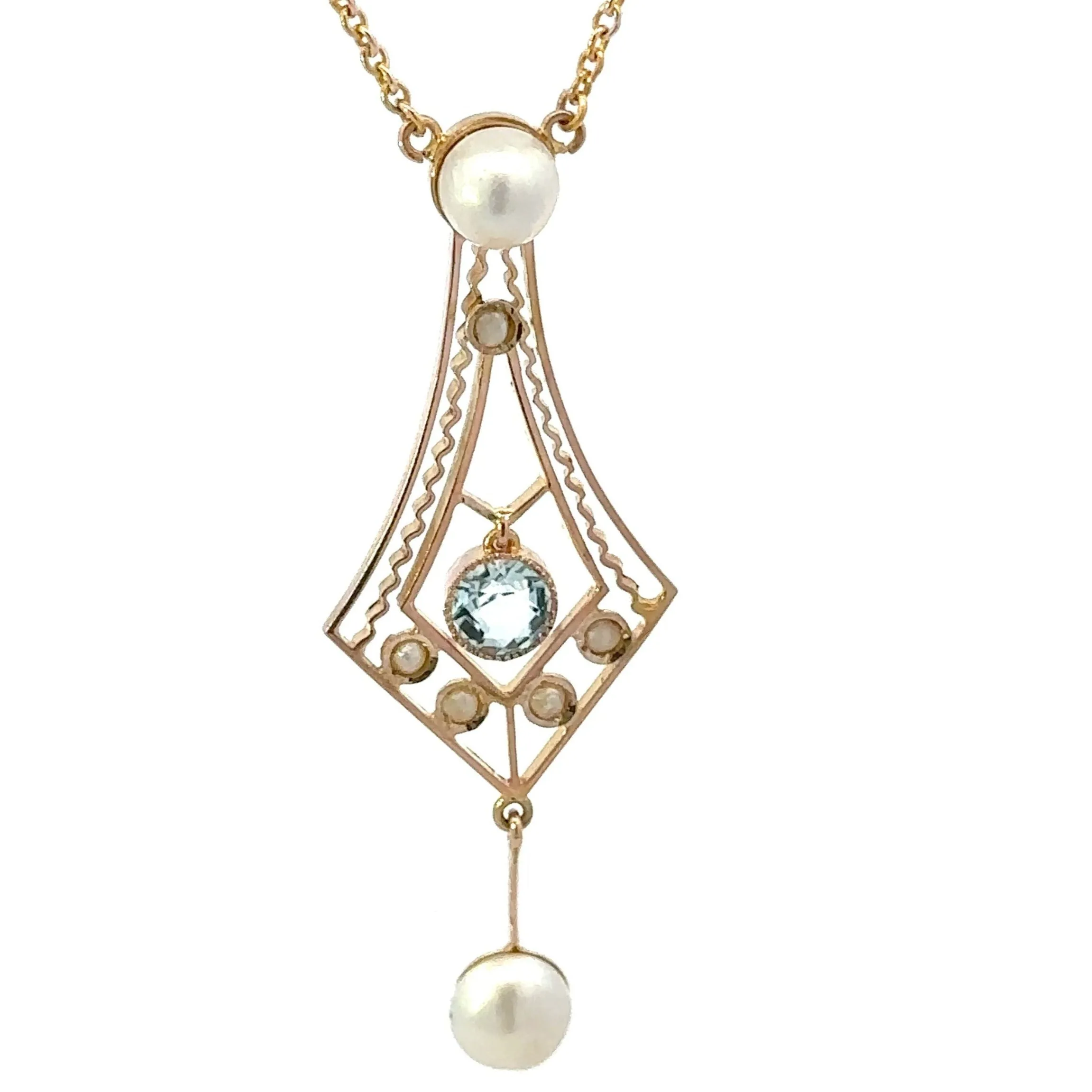 9ct Yellow Gold Aquamarine and Pearl Necklace