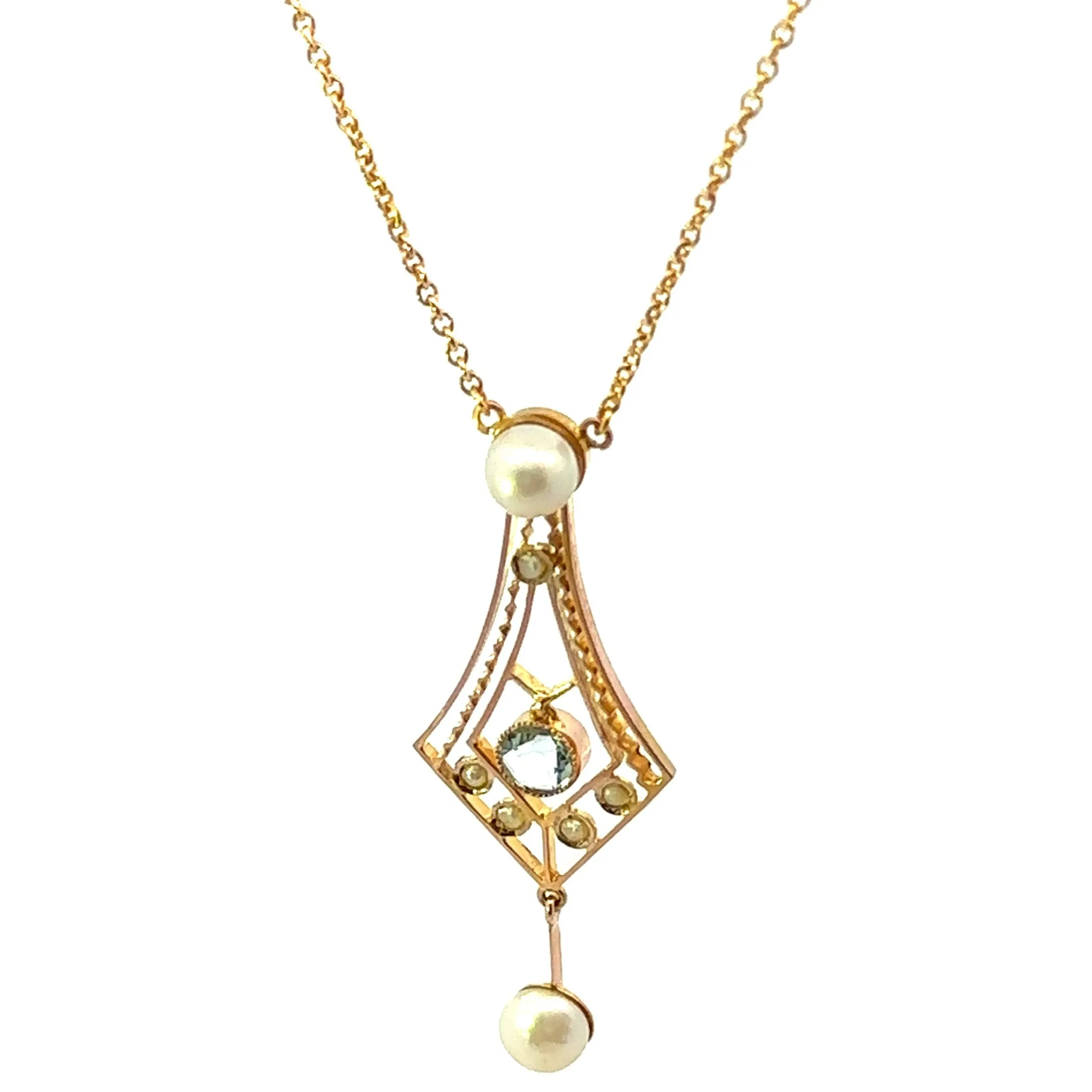 9ct Yellow Gold Aquamarine and Pearl Necklace
