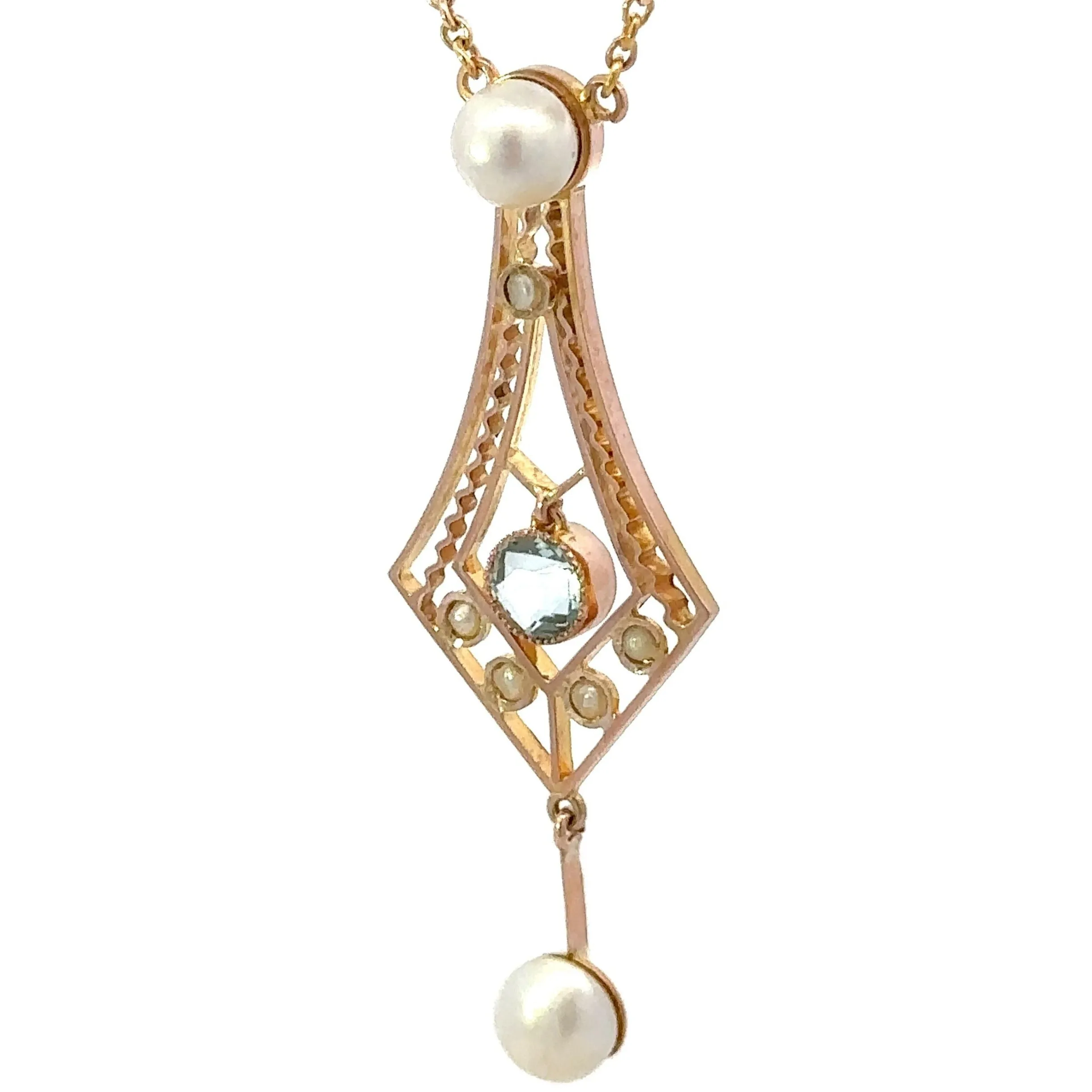 9ct Yellow Gold Aquamarine and Pearl Necklace