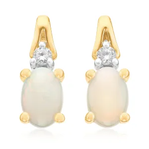 9ct Yellow Gold Oval Cut 6x4mm Opal & Diamond Stud Earrings