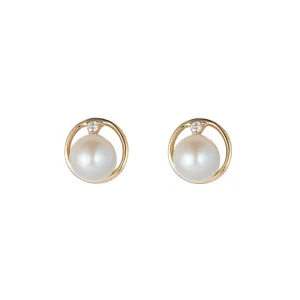 9kt Gold Pearl & Diamond Circle Stud Earrings
