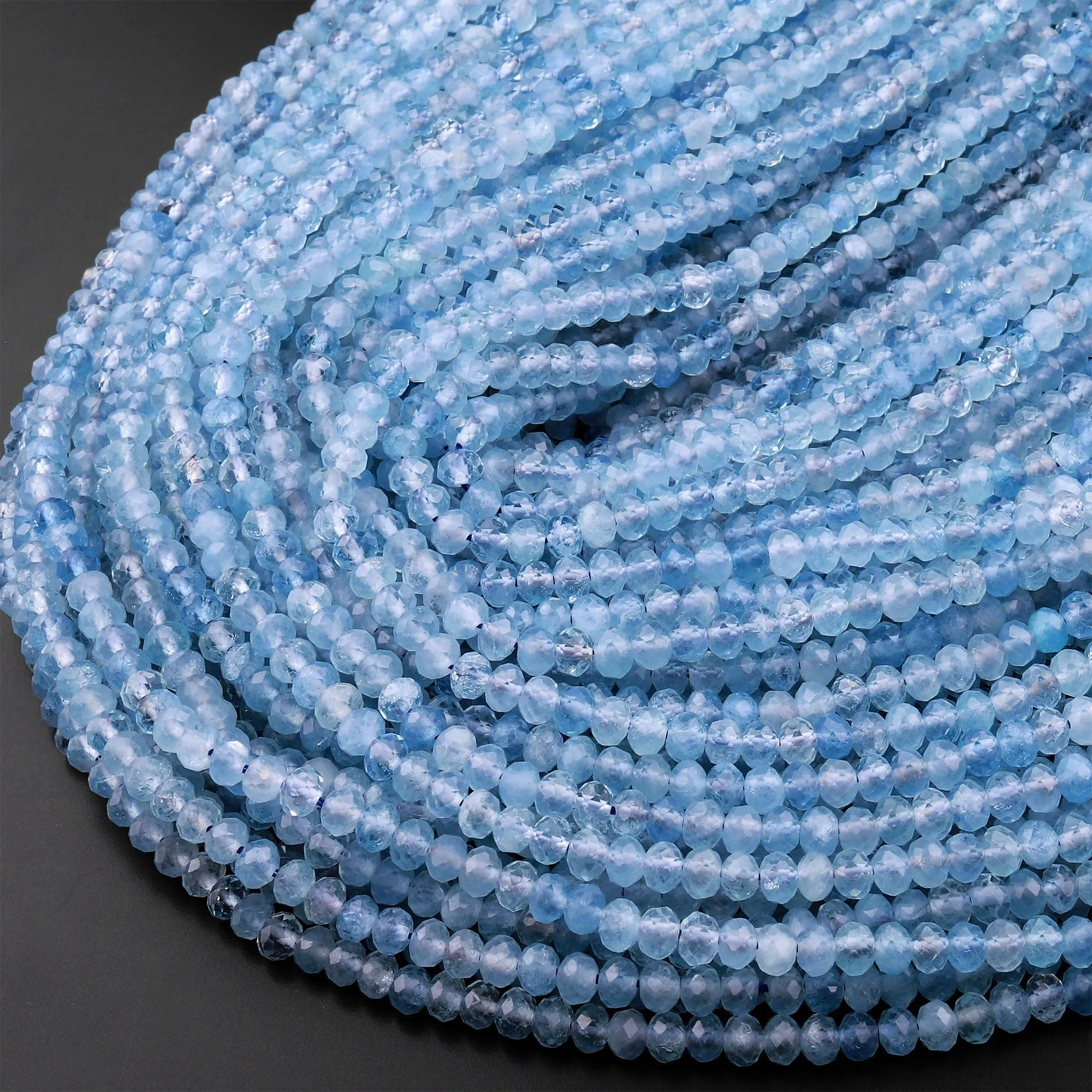 AAA Extra Translucent Faceted Natural Blue Aquamarine Rondelle Beads 3mm 4mm 7mm 15.5" Strand