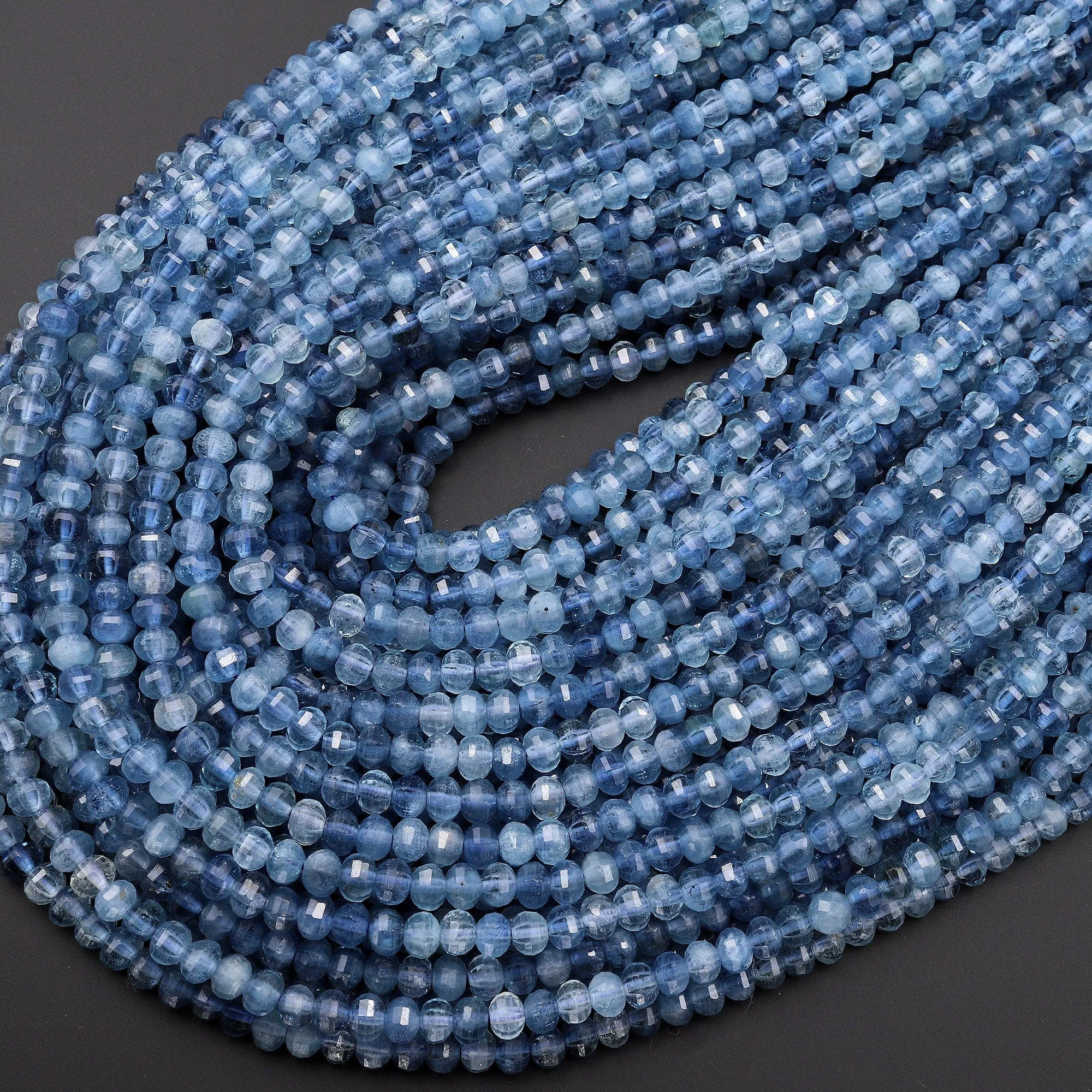 AAA Faceted Natural Blue Santa Maria Aquamarine Lantern Rondelle Beads 4mm Gemstone Extra Translucent 15.5" Strand