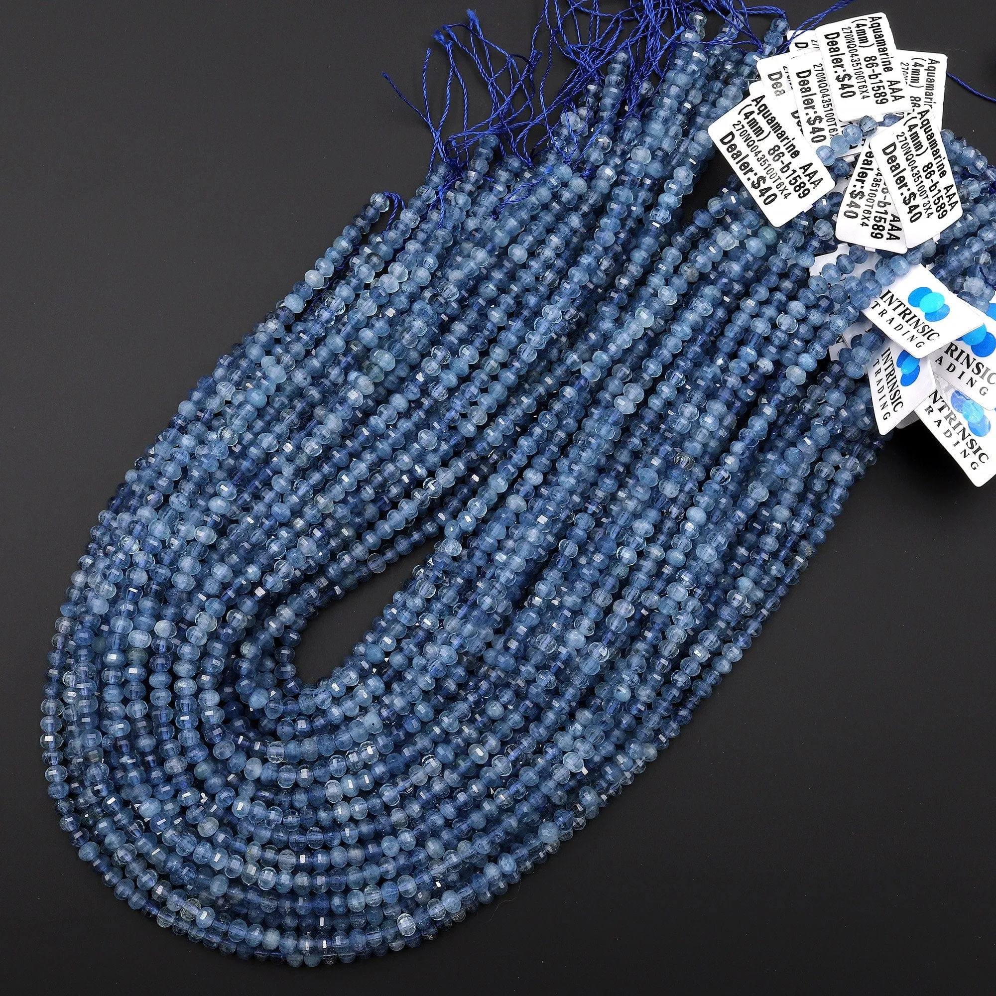 AAA Faceted Natural Blue Santa Maria Aquamarine Lantern Rondelle Beads 4mm Gemstone Extra Translucent 15.5" Strand