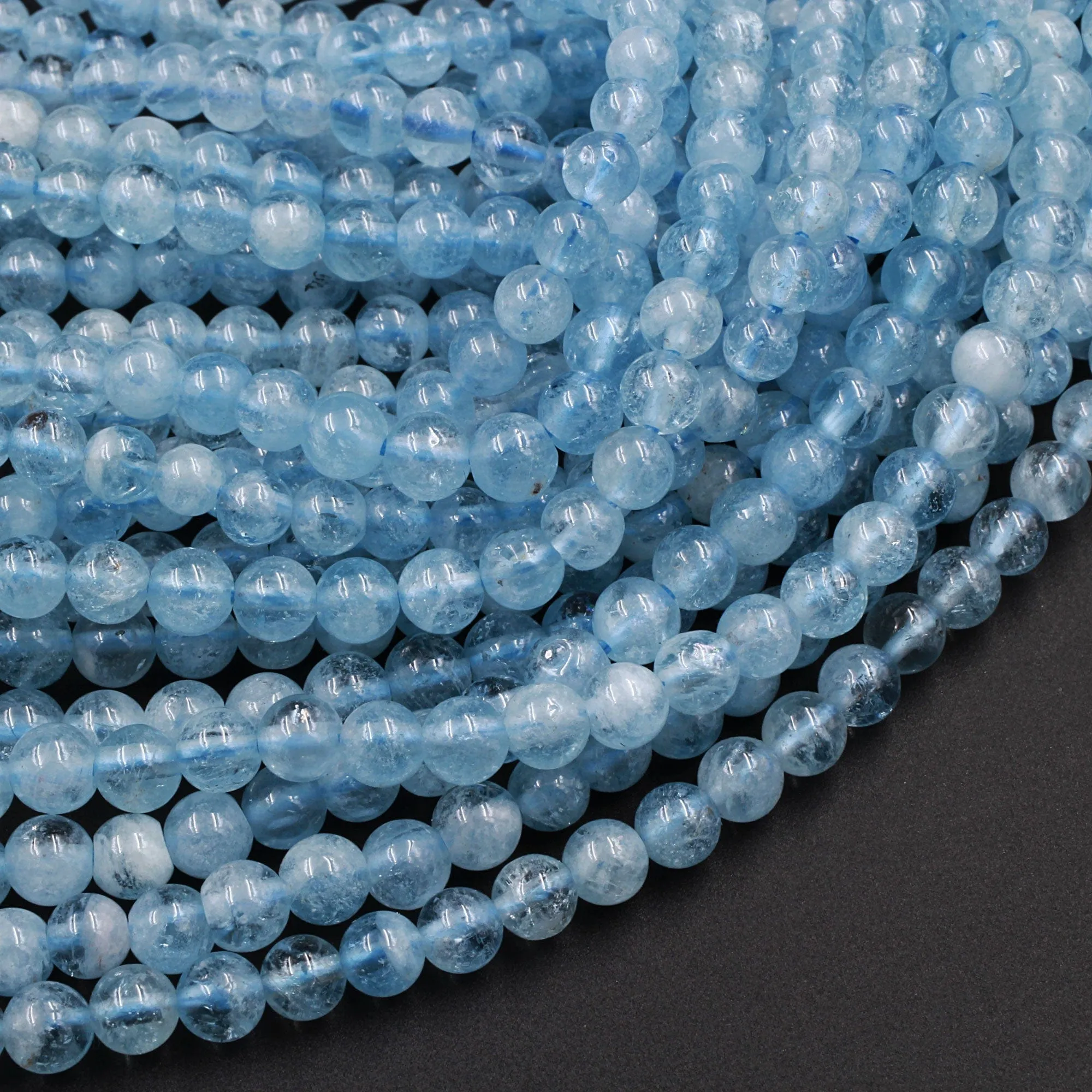 AAA Gemmy Natural Blue Aquamarine 4mm 6mm Smooth Round Beads 16" Strand