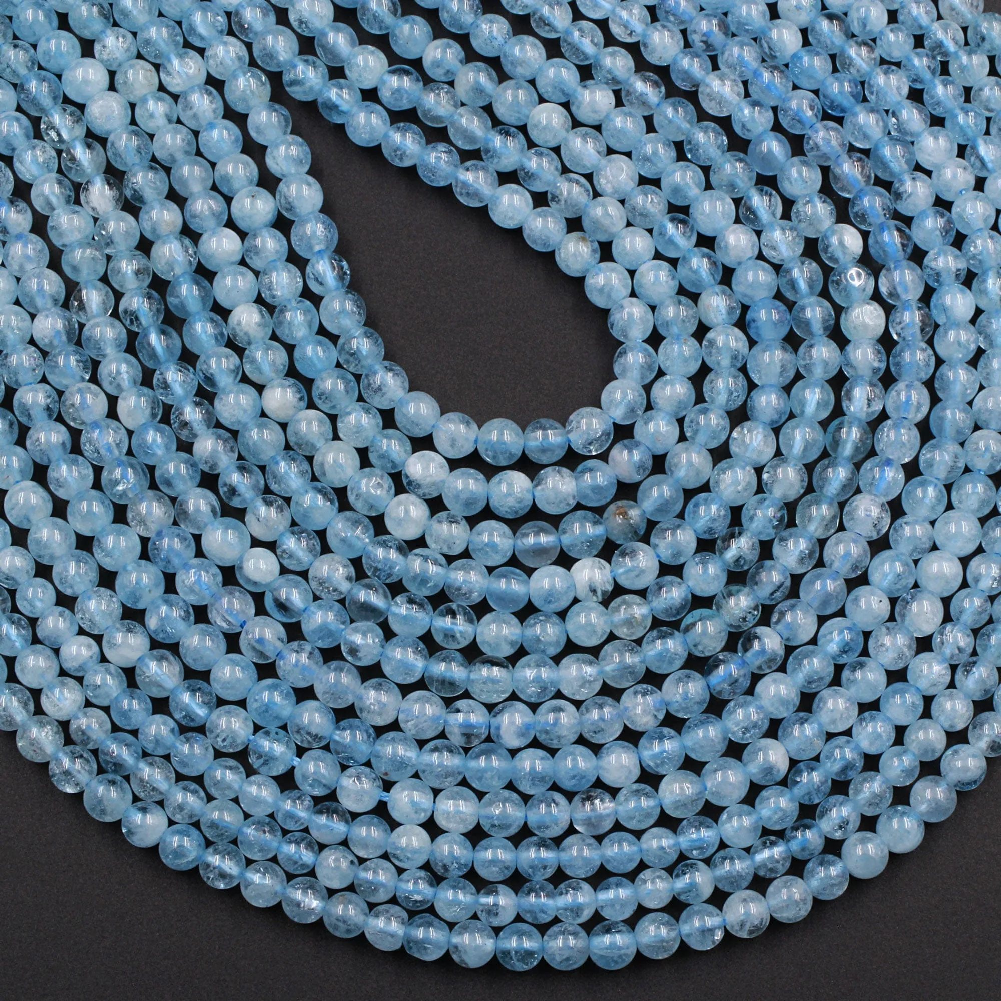 AAA Gemmy Natural Blue Aquamarine 4mm 6mm Smooth Round Beads 16" Strand
