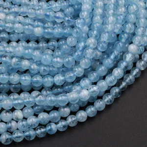 AAA Gemmy Natural Blue Aquamarine 4mm 6mm Smooth Round Beads 16" Strand