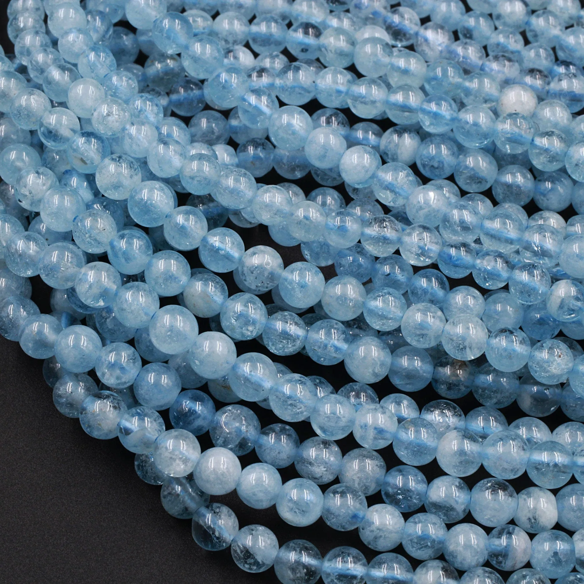AAA Gemmy Natural Blue Aquamarine 4mm 6mm Smooth Round Beads 16" Strand