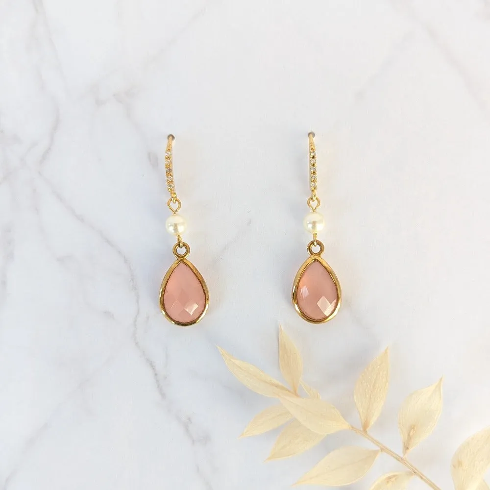 ADRIEL Gold Pink Quartz Drop Earrings with Pearls