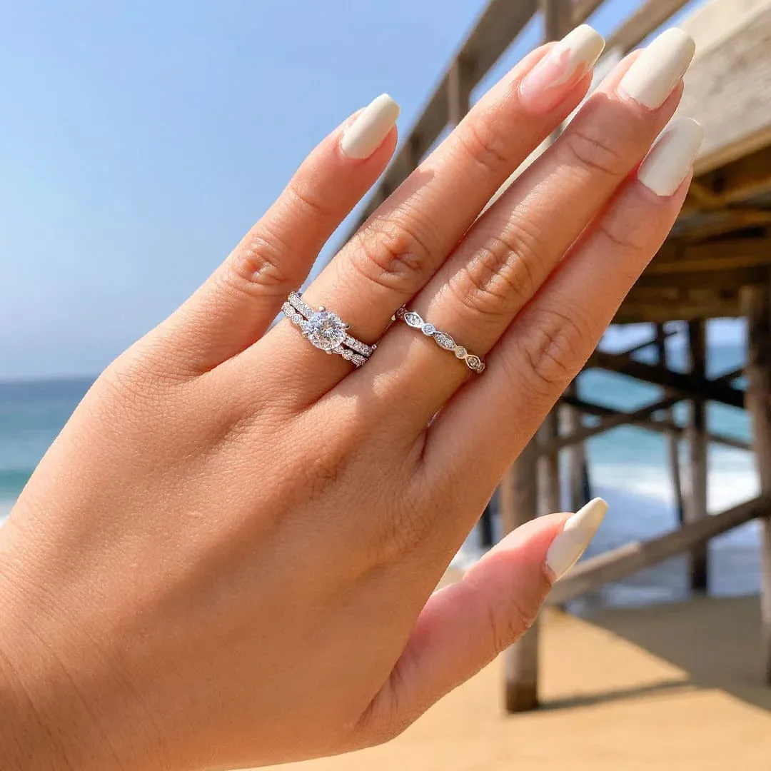 Alternating Marquise And Round Bezel Set Wedding Band Eternity Ring