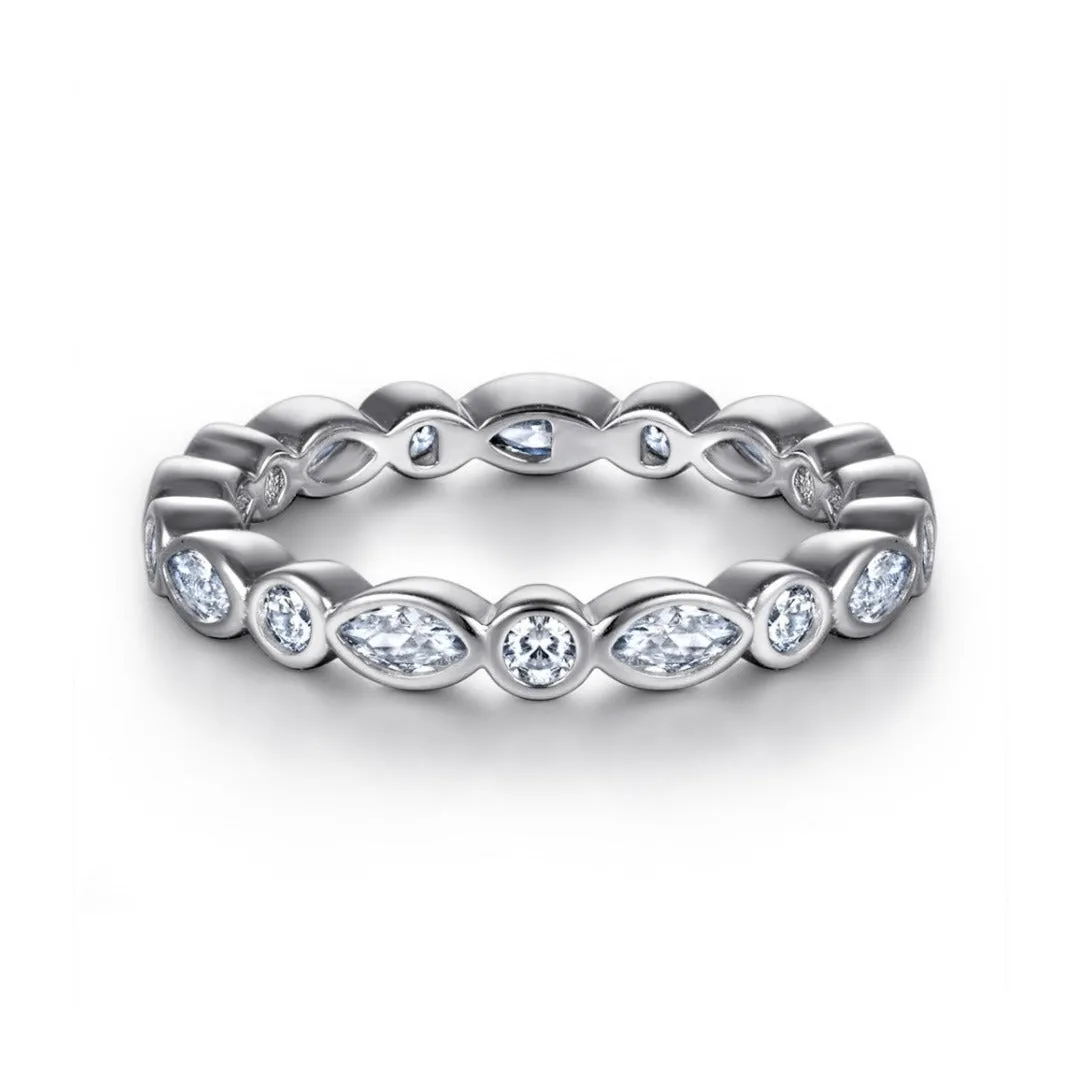 Alternating Marquise And Round Bezel Set Wedding Band Eternity Ring