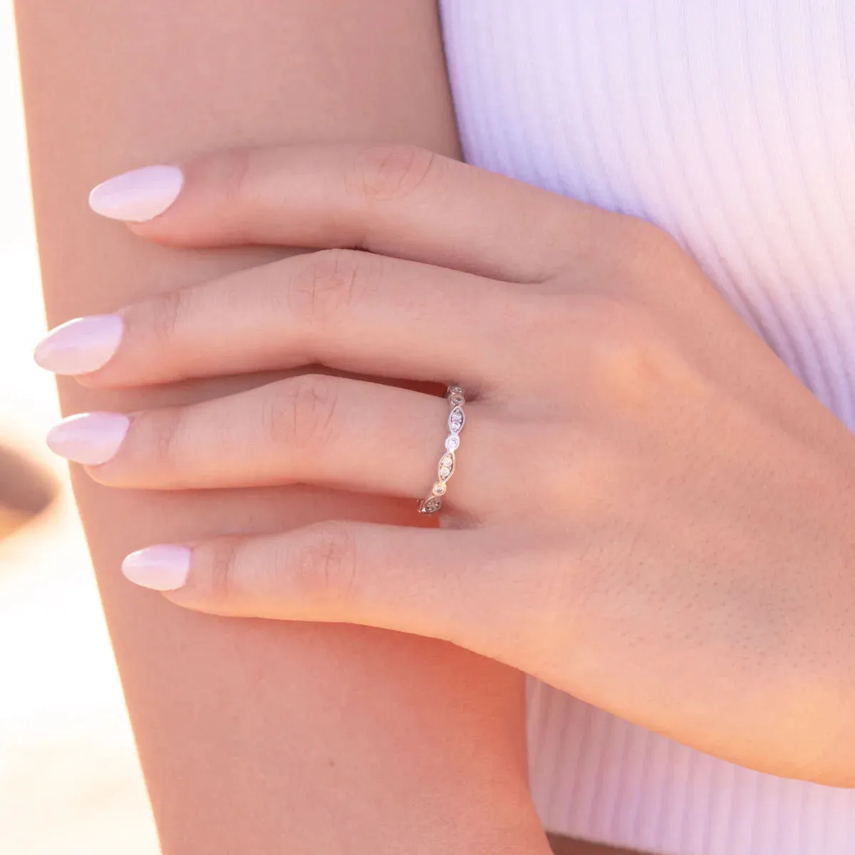 Alternating Marquise And Round Bezel Set Wedding Band Eternity Ring