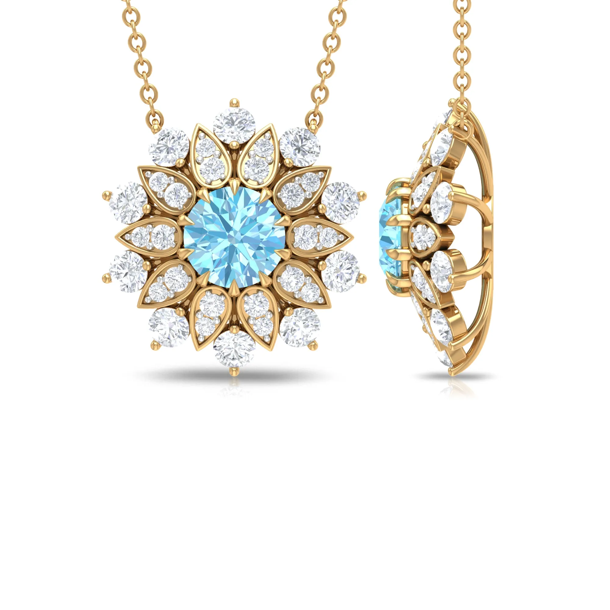 Aquamarine and Moissanite Flower Statement Necklace