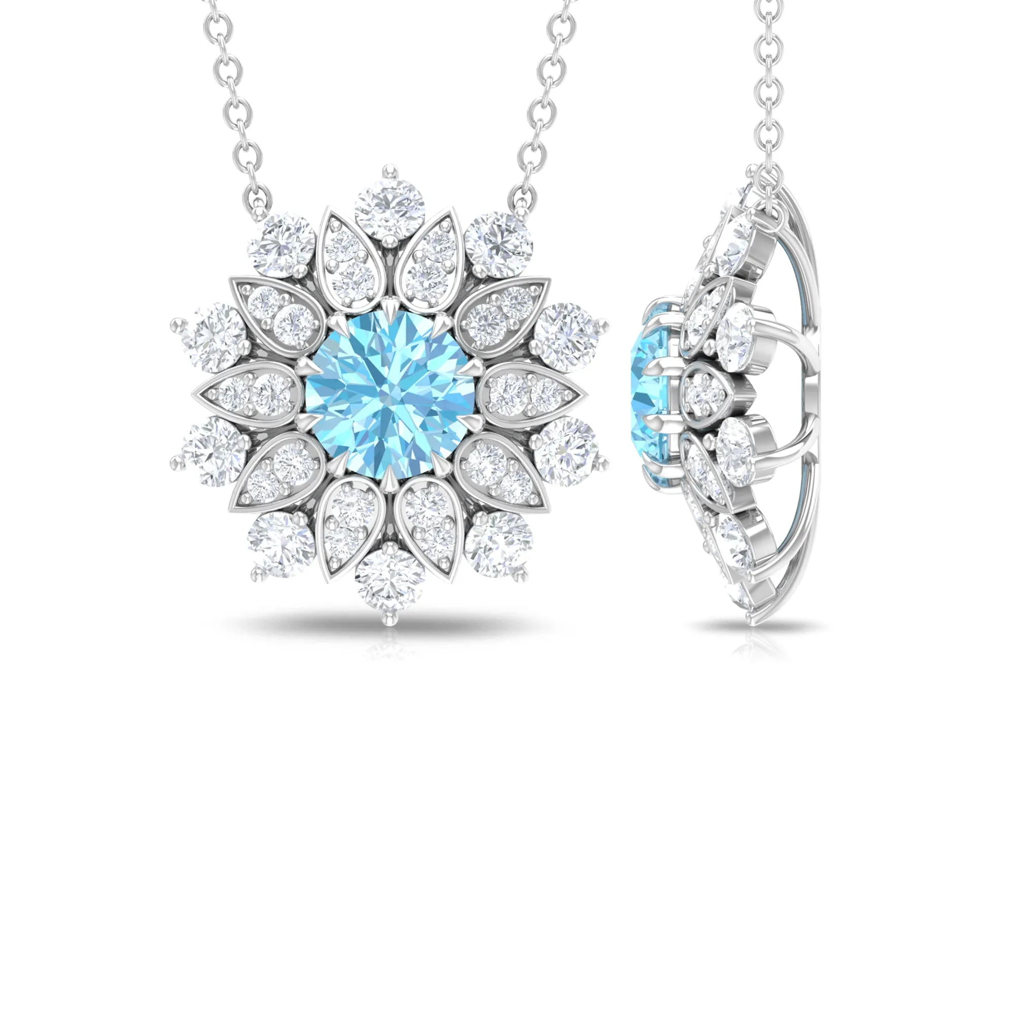 Aquamarine and Moissanite Flower Statement Necklace
