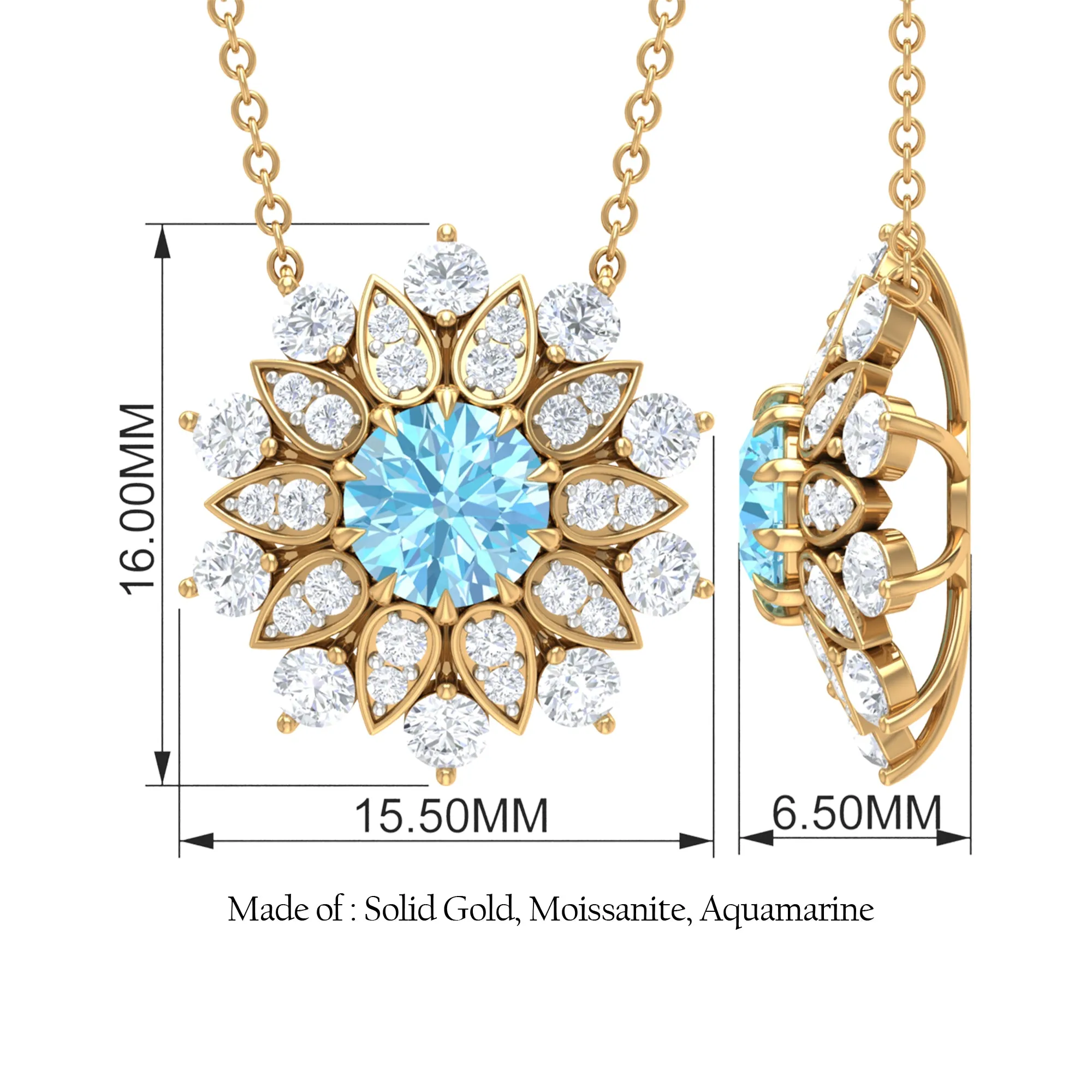 Aquamarine and Moissanite Flower Statement Necklace