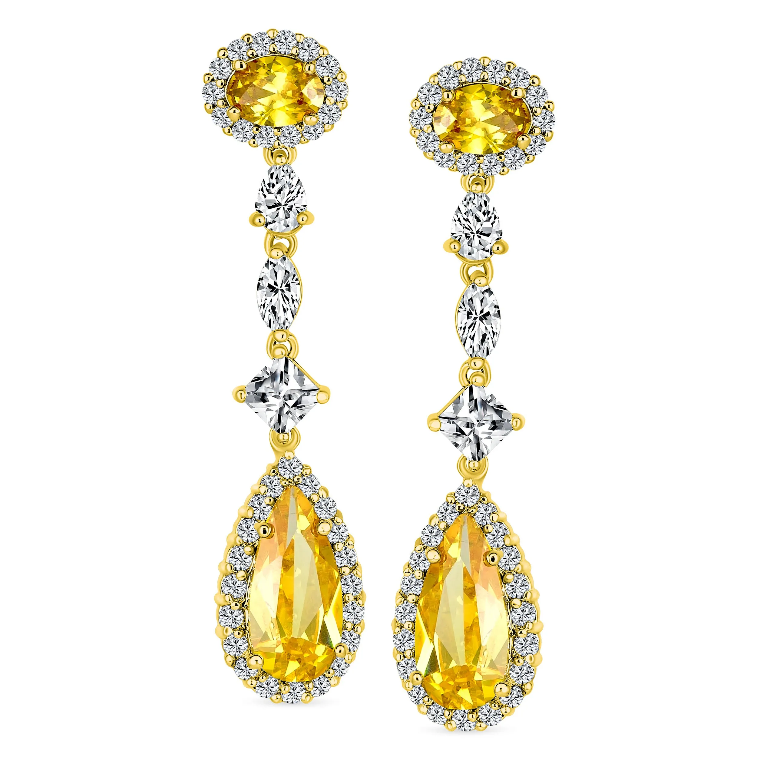 Art Deco Long Teardrop Statement CZ Chandelier Earrings Jewel Colors