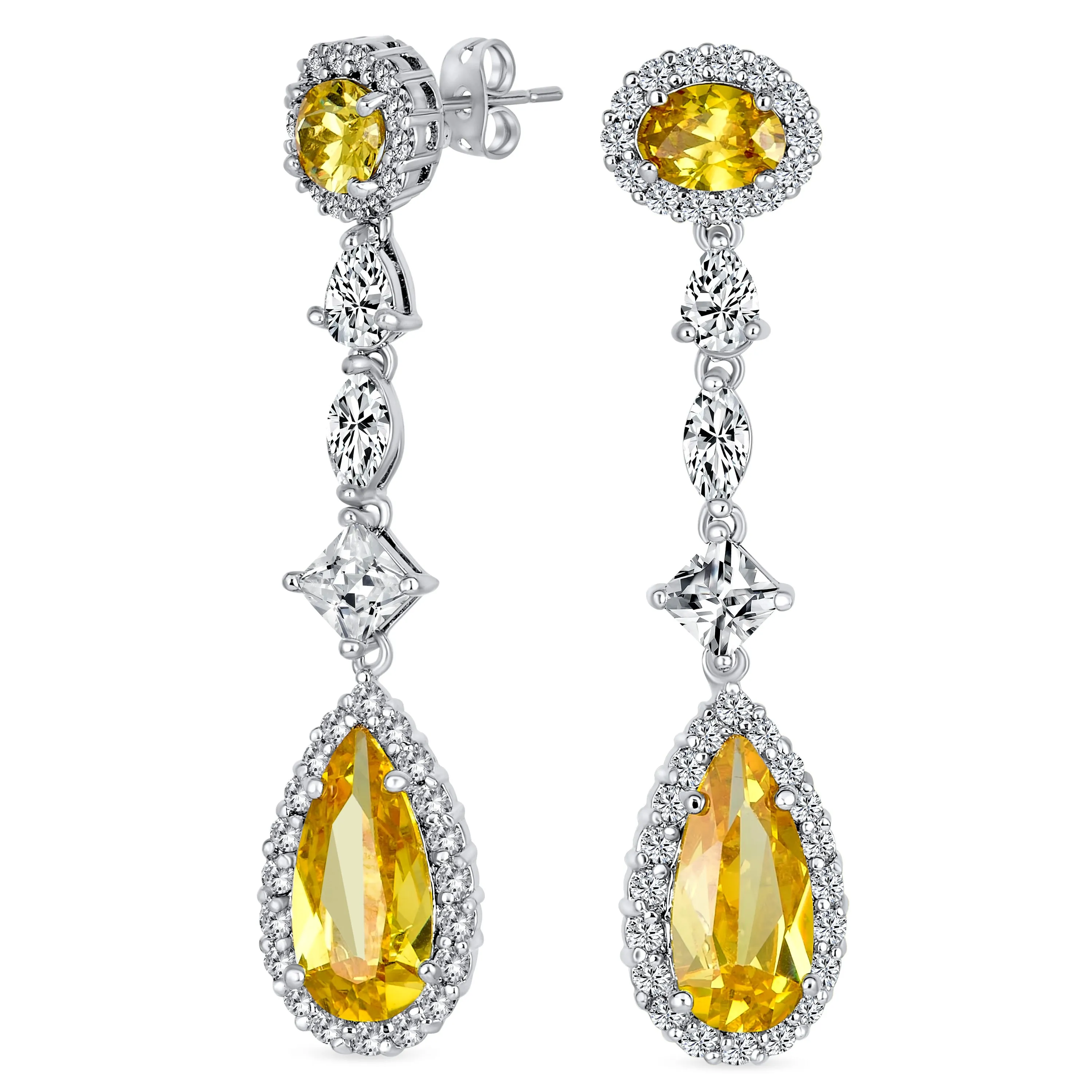 Art Deco Long Teardrop Statement CZ Chandelier Earrings Jewel Colors