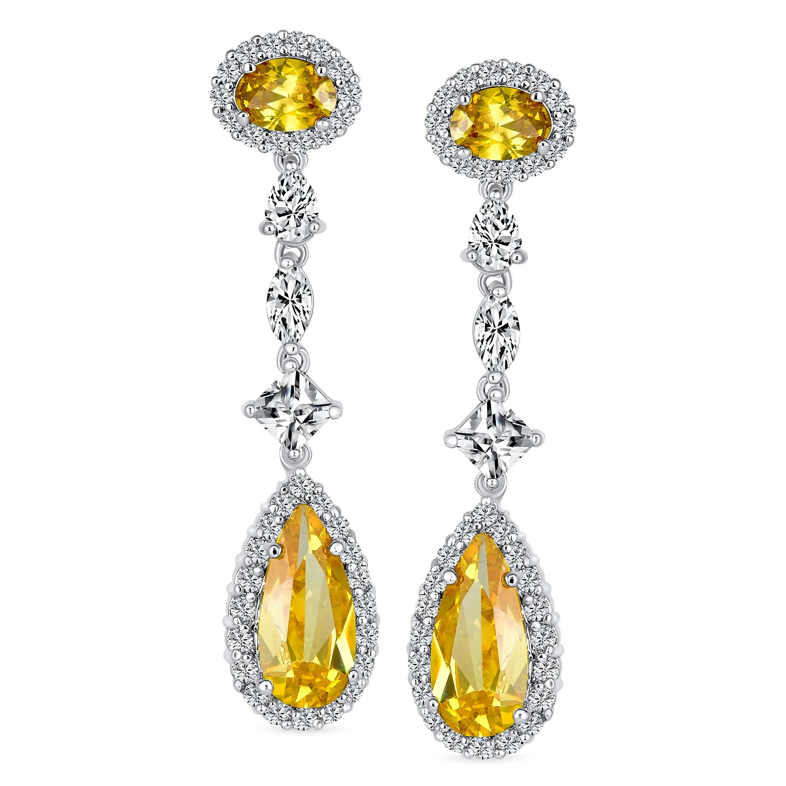 Art Deco Long Teardrop Statement CZ Chandelier Earrings Jewel Colors