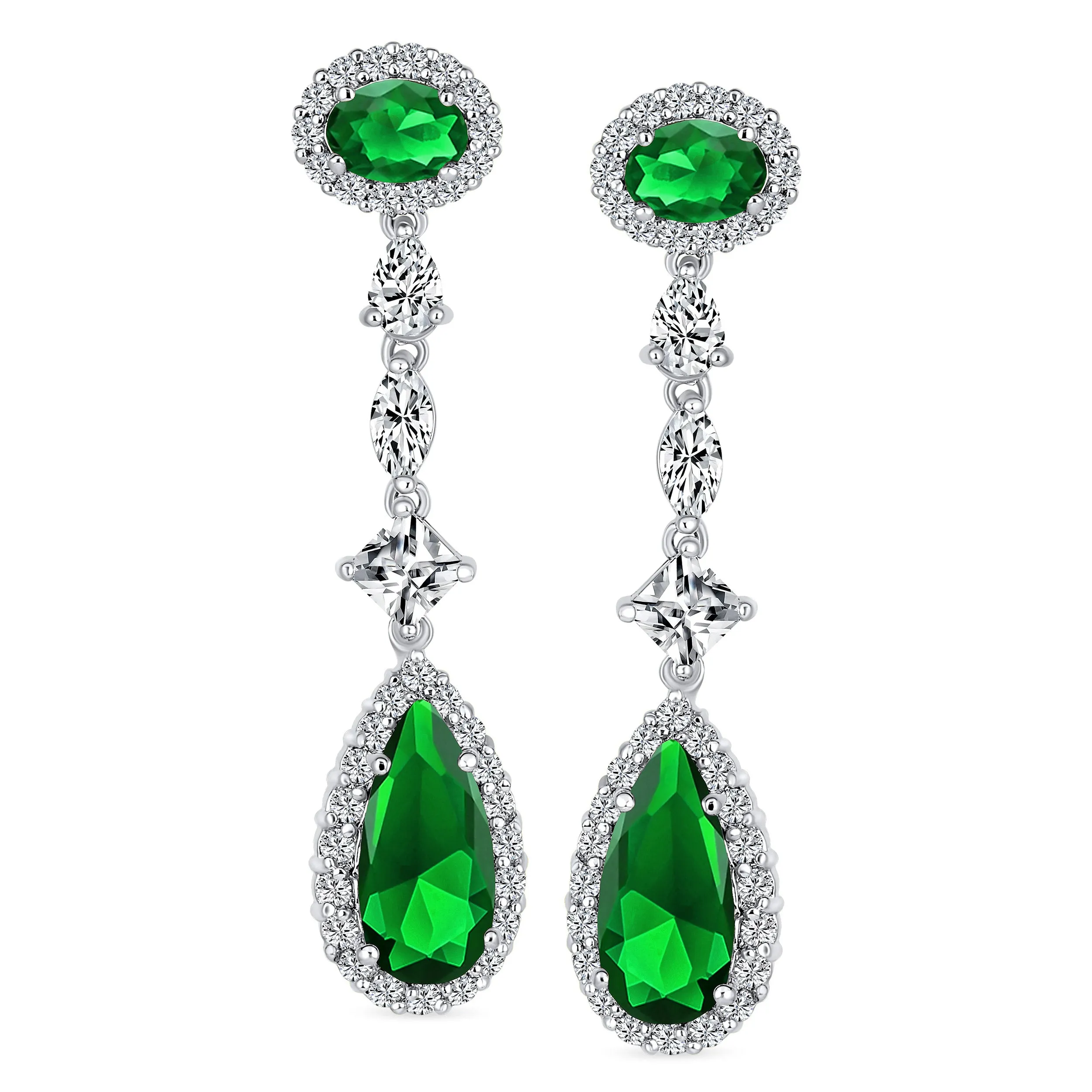 Art Deco Long Teardrop Statement CZ Chandelier Earrings Jewel Colors