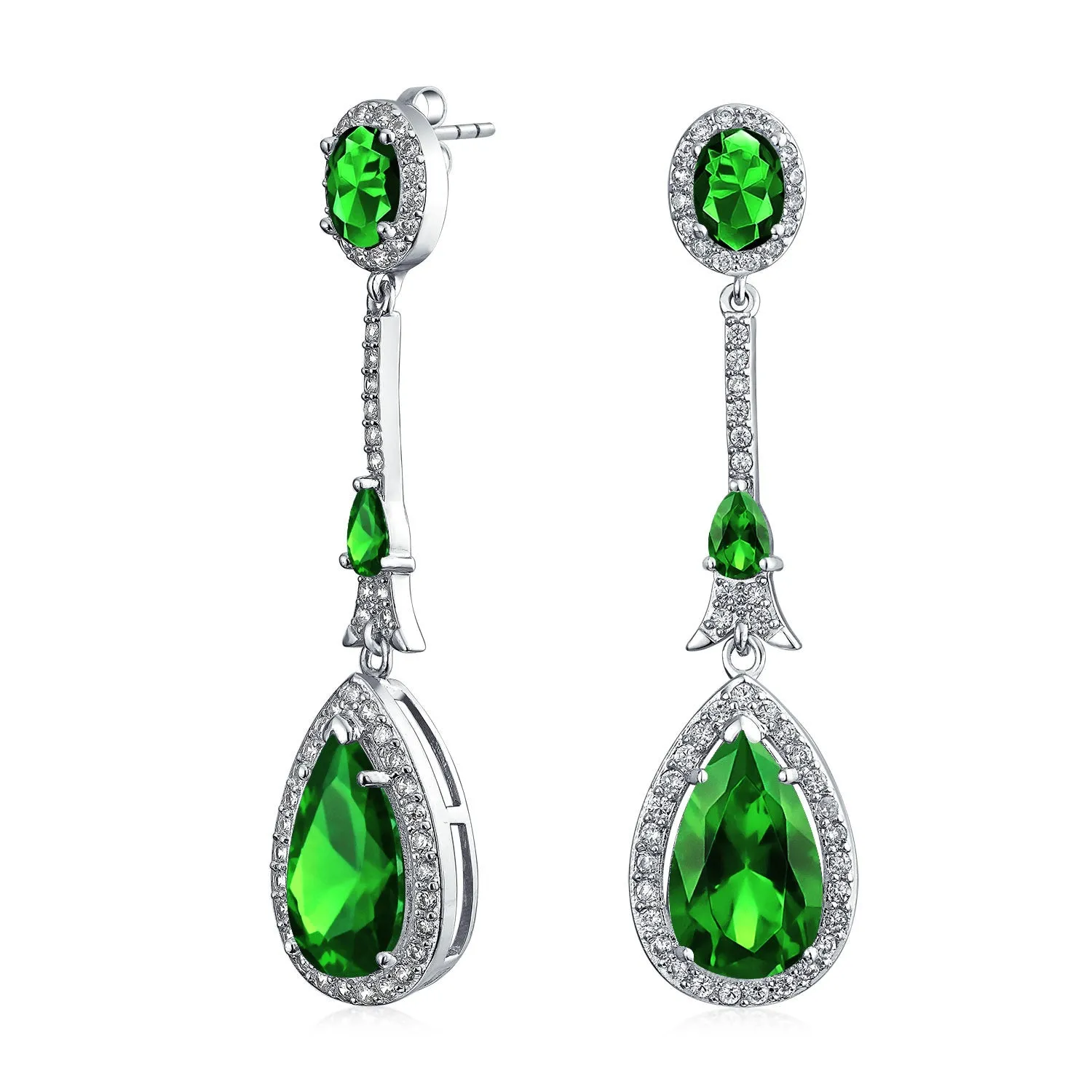 Art Deco Long Teardrop Statement CZ Chandelier Earrings Jewel Colors