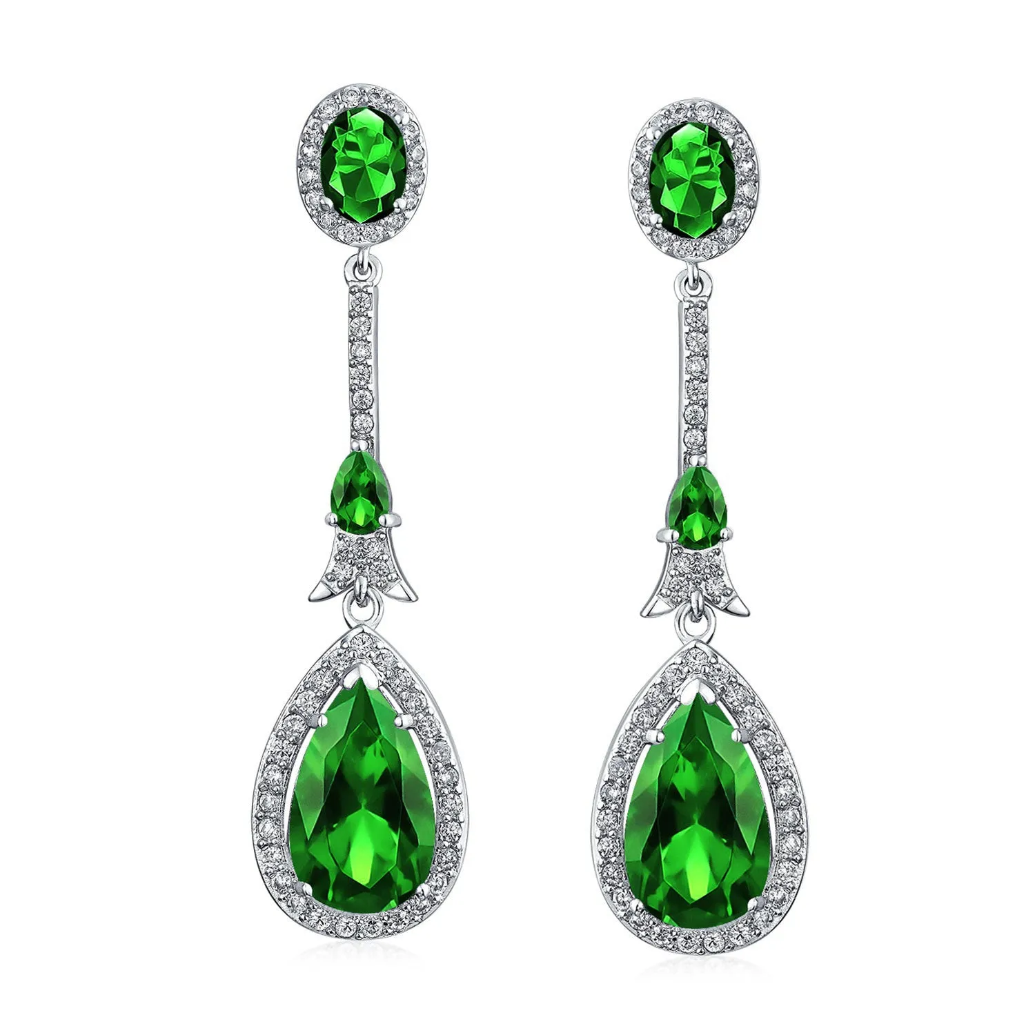 Art Deco Long Teardrop Statement CZ Chandelier Earrings Jewel Colors