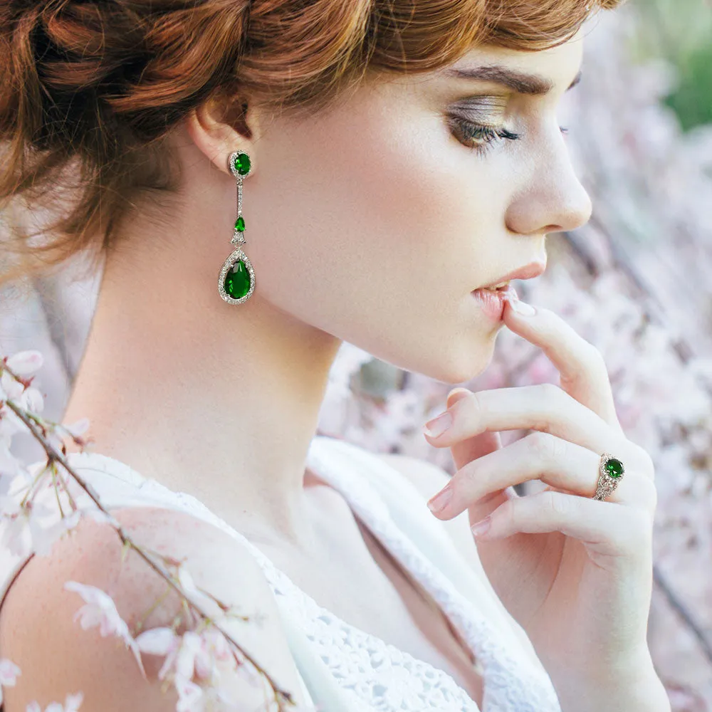Art Deco Long Teardrop Statement CZ Chandelier Earrings Jewel Colors