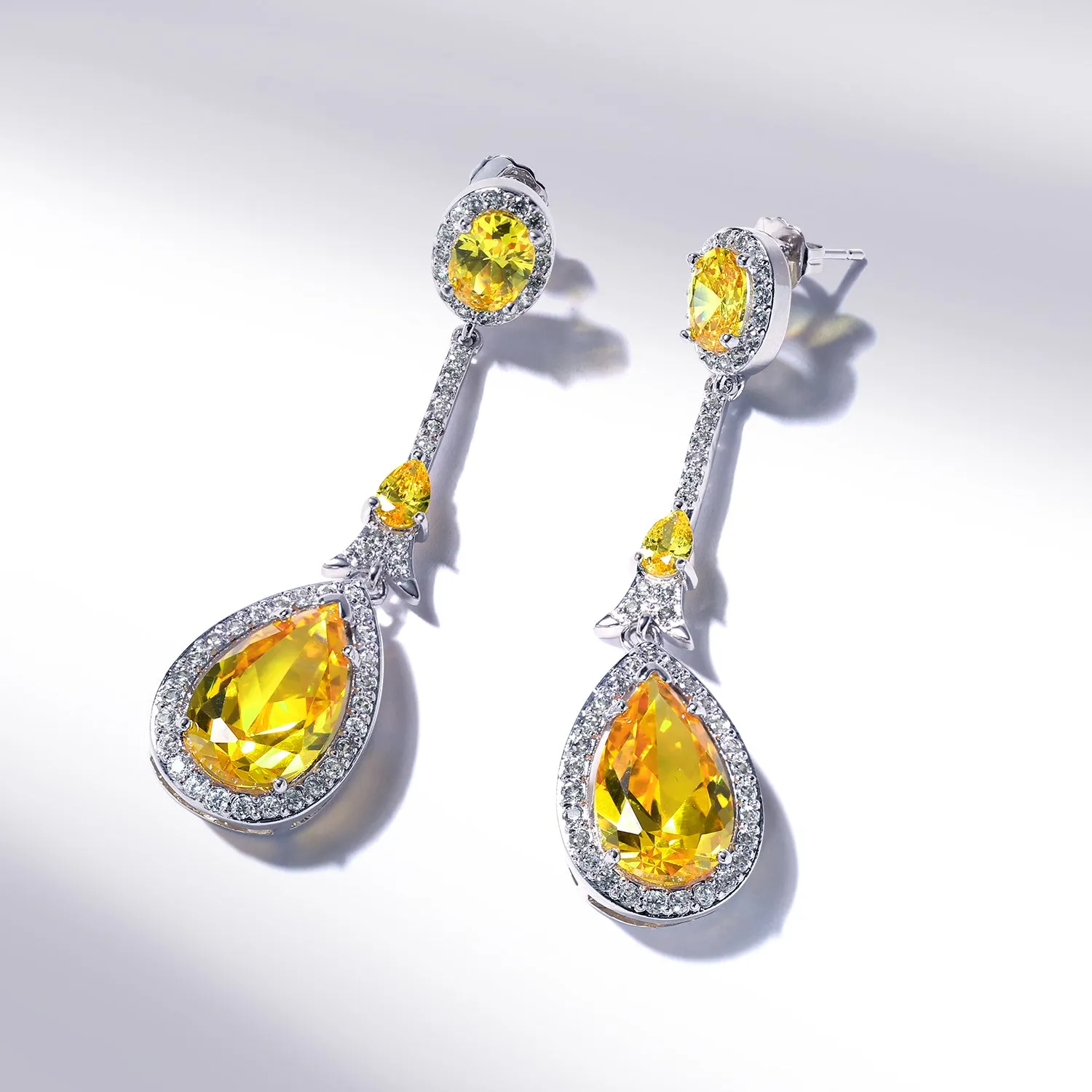 Art Deco Long Teardrop Statement CZ Chandelier Earrings Jewel Colors