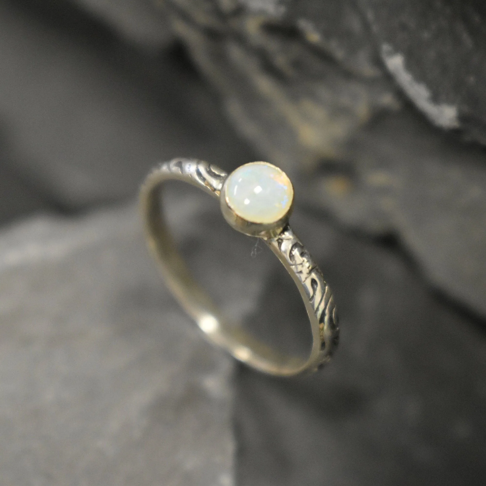 Australian Opal Ring - Round White Ring - Engraved Tribal Ring