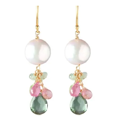 AVF Gold White Edison Pearl, Afghani Tourmaline, Quartz & Grandidierite Earrings (SI6781)