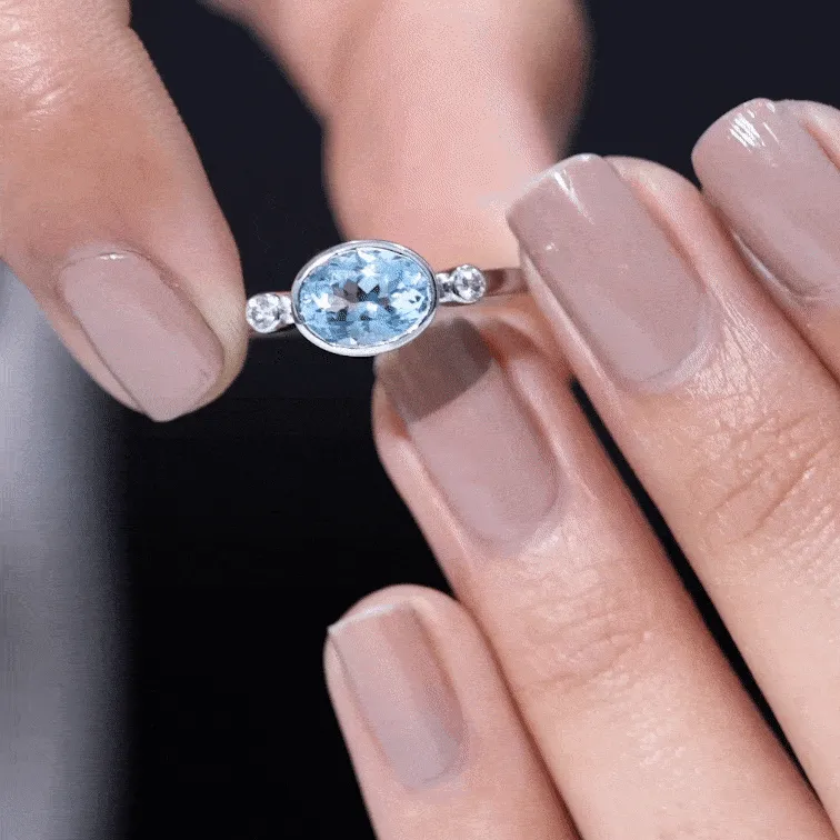 Bezel Set Aquamarine and Diamond East West Engagement Ring