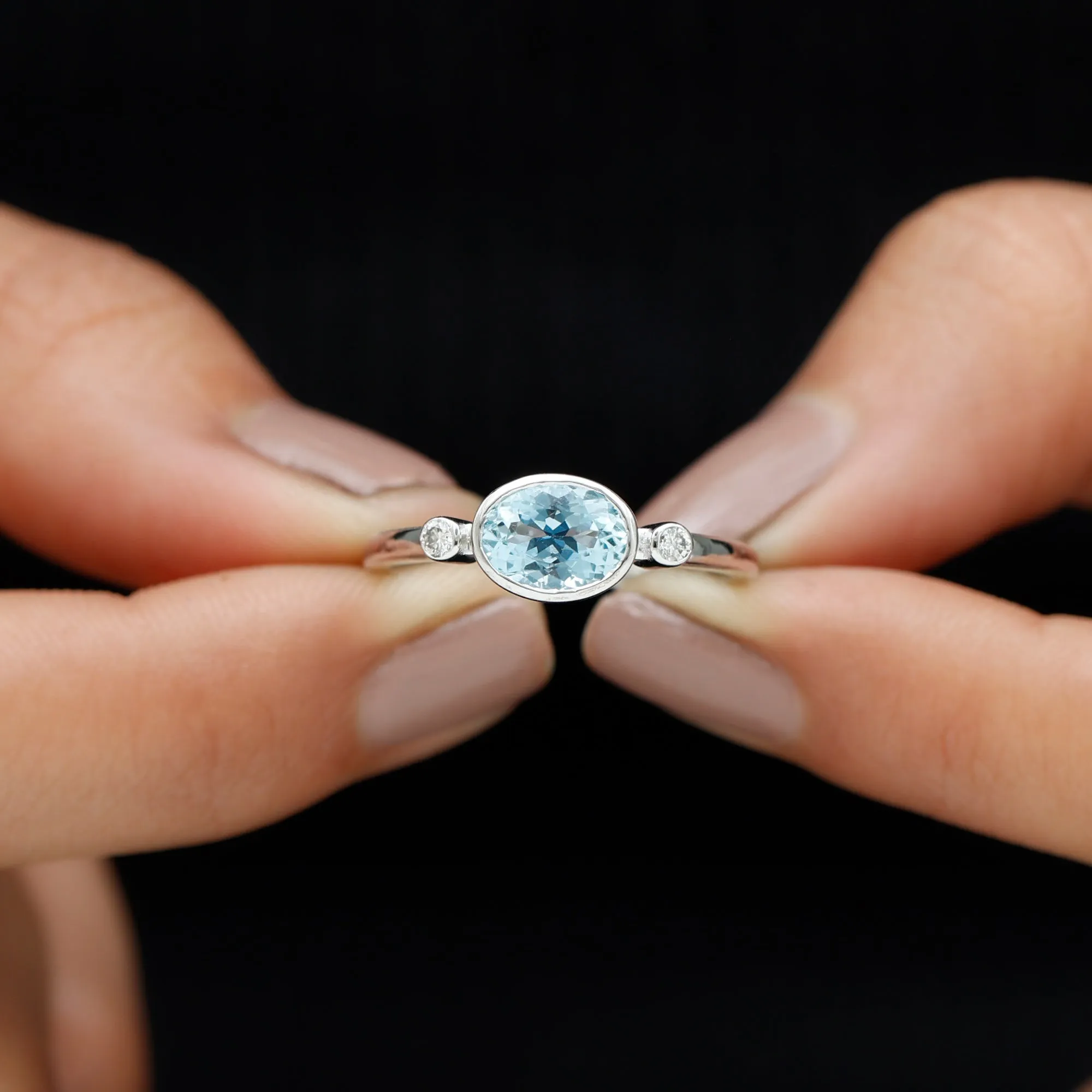 Bezel Set Aquamarine and Diamond East West Engagement Ring
