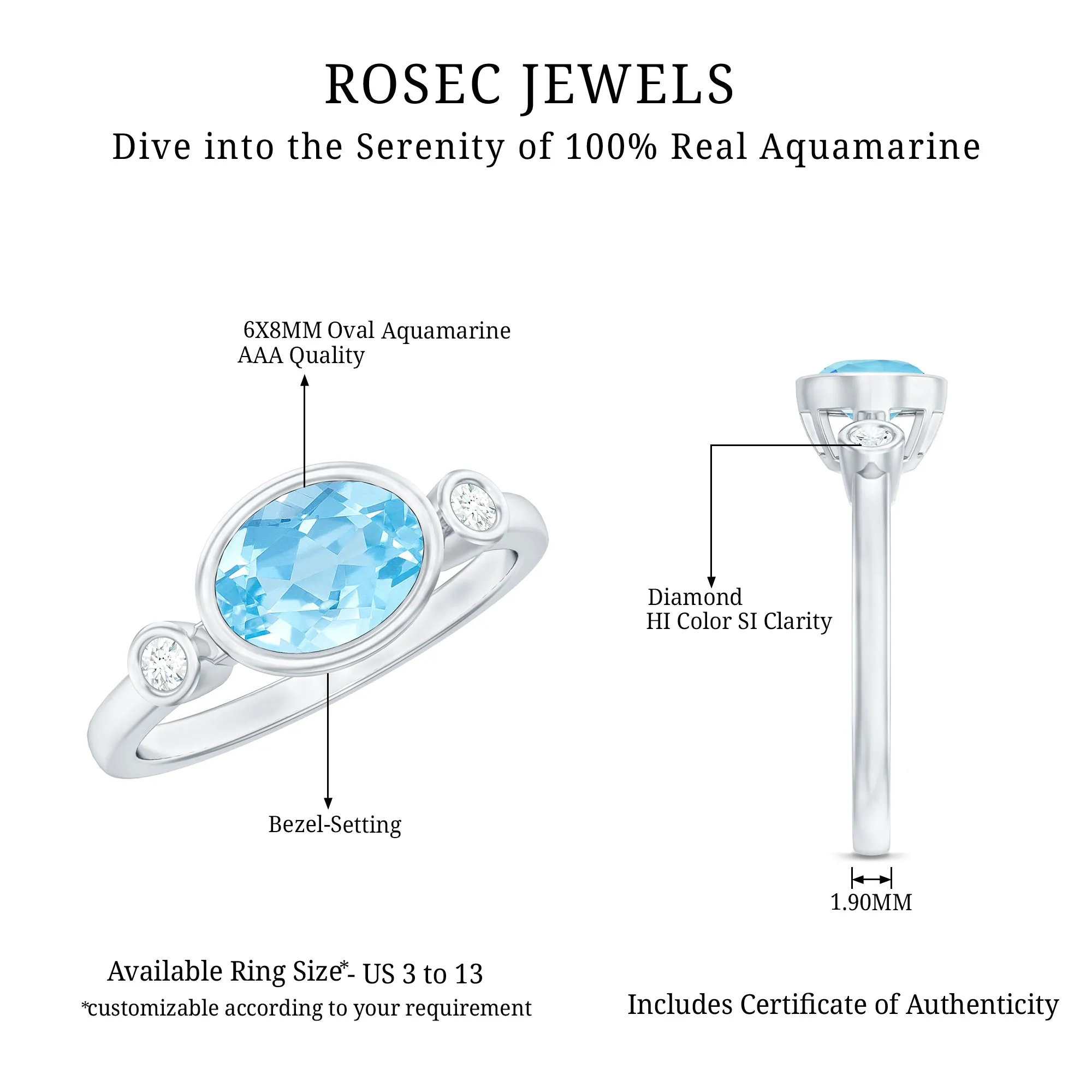Bezel Set Aquamarine and Diamond East West Engagement Ring