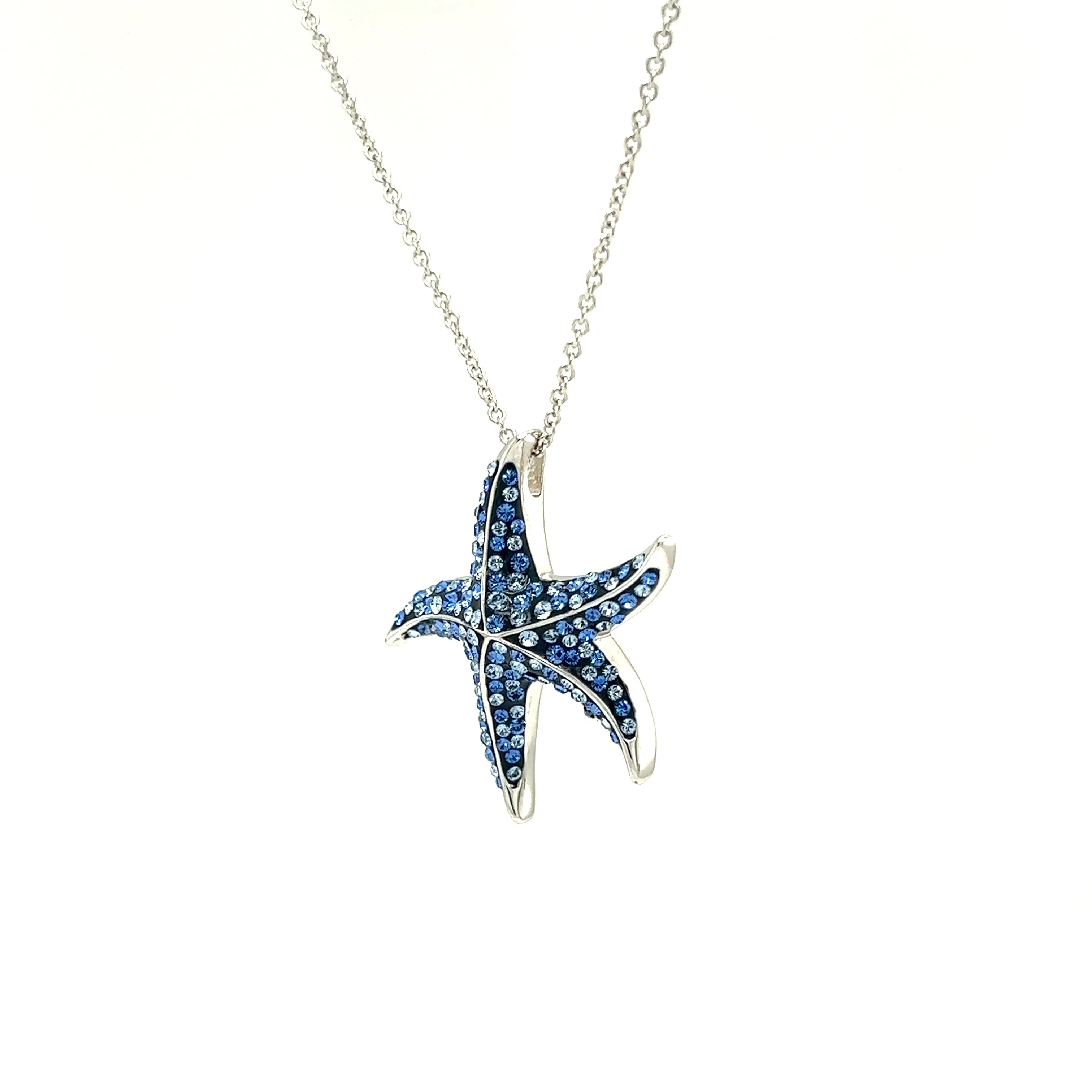 Blue Starfish Necklace with Aqua and White Crystals in Sterling Silver