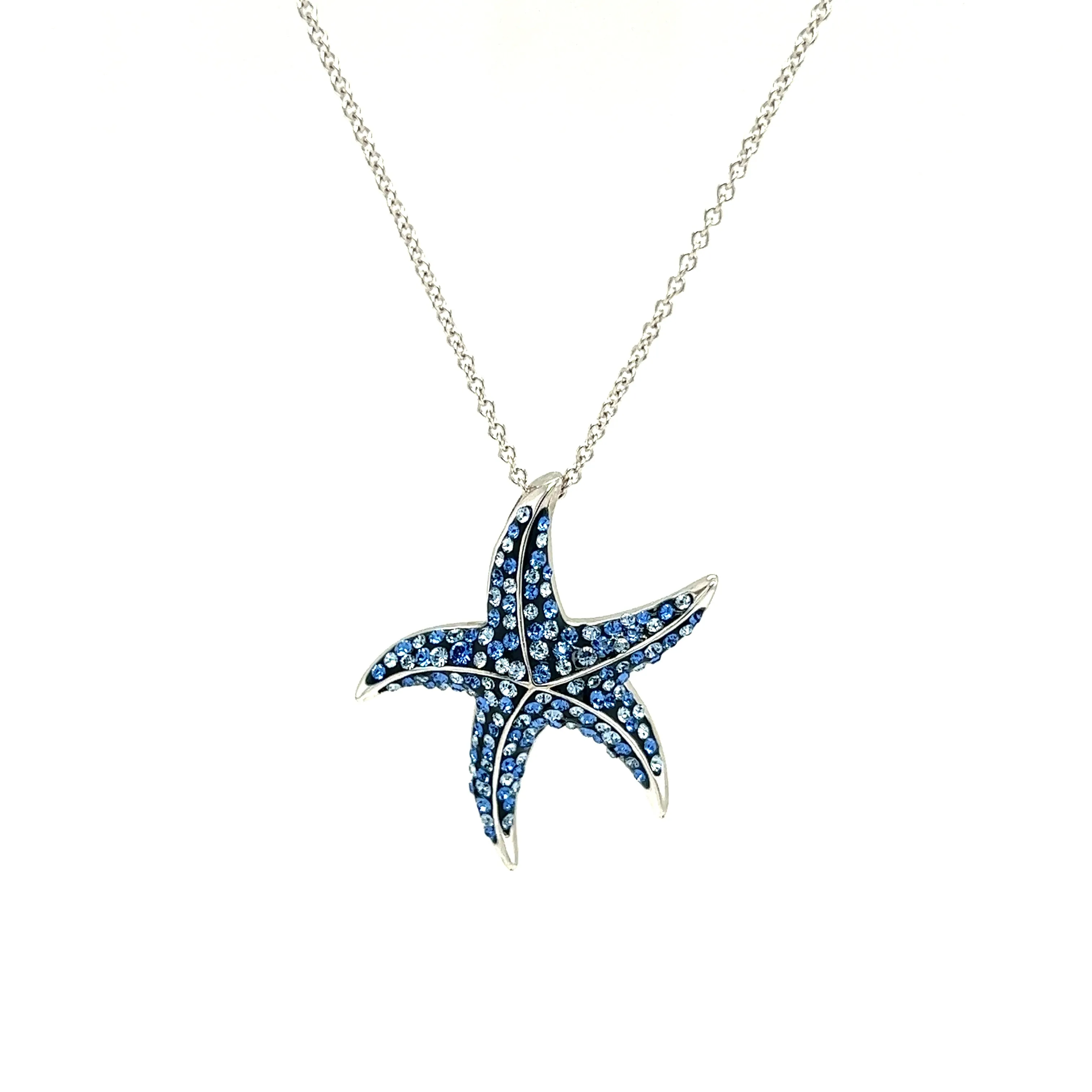 Blue Starfish Necklace with Aqua and White Crystals in Sterling Silver