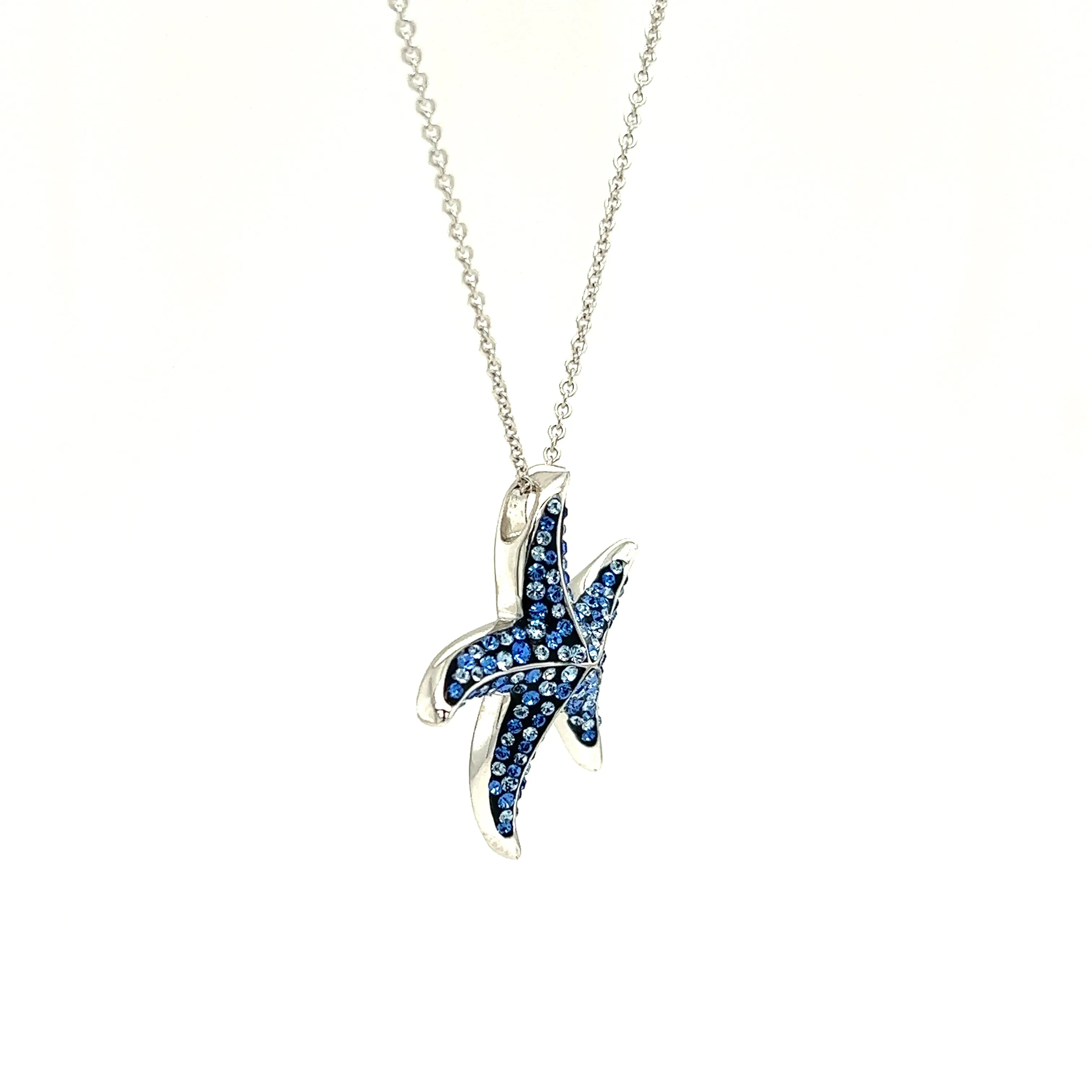 Blue Starfish Necklace with Aqua and White Crystals in Sterling Silver