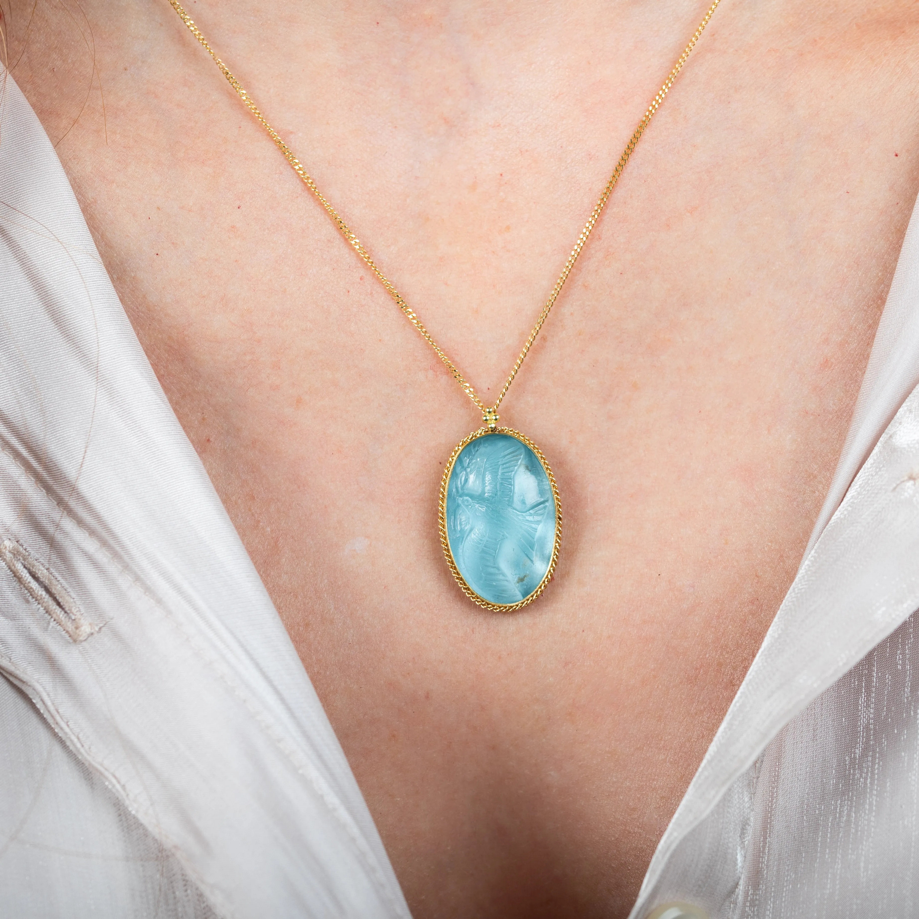 Carved Aquamarine Bird Necklace