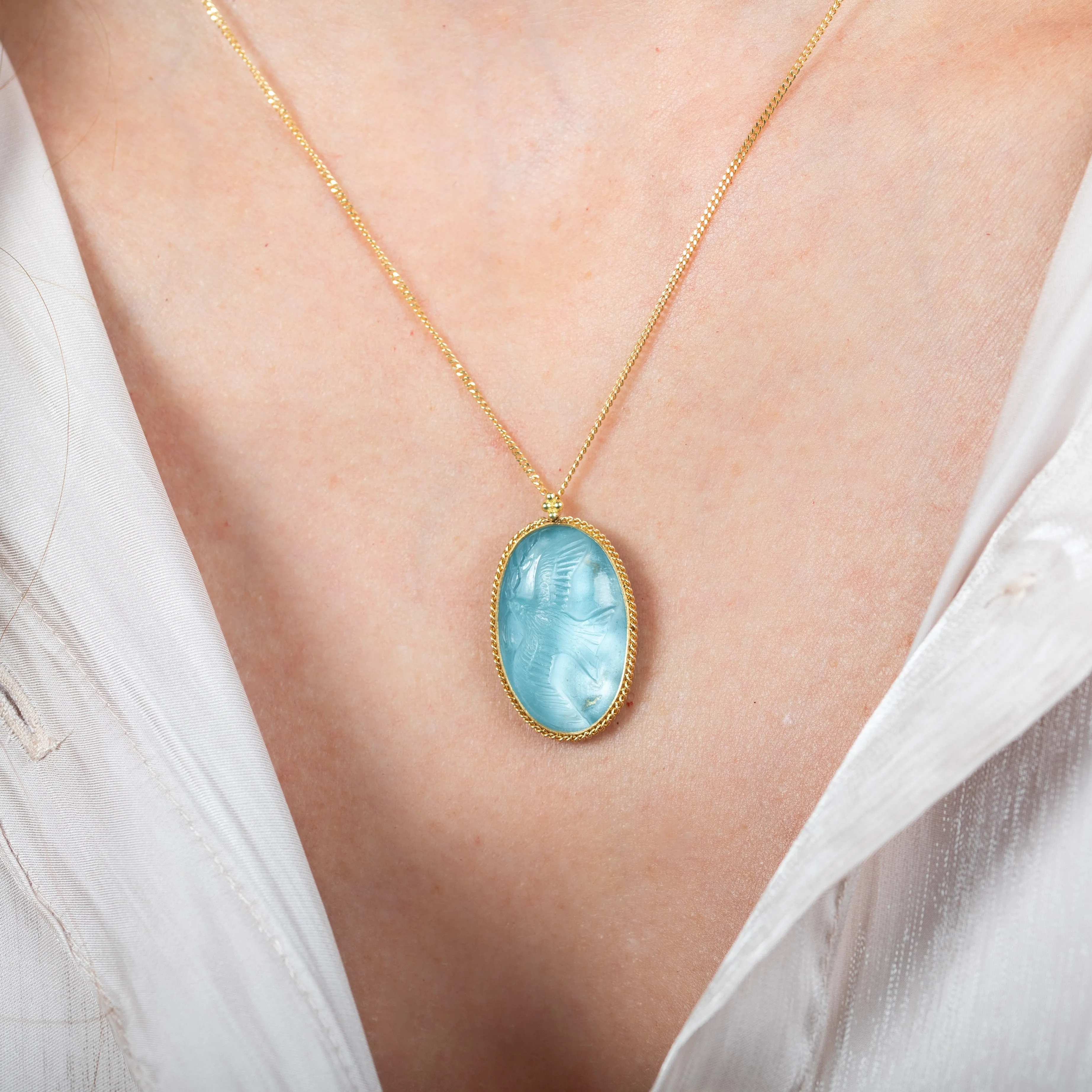 Carved Aquamarine Bird Necklace
