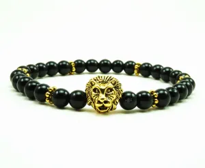 Cecil Gold Lion 6mm Onyx Beaded Bracelet