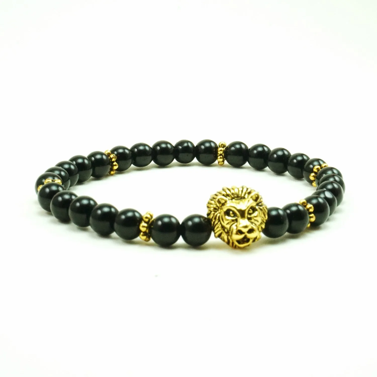 Cecil Gold Lion 6mm Onyx Beaded Bracelet